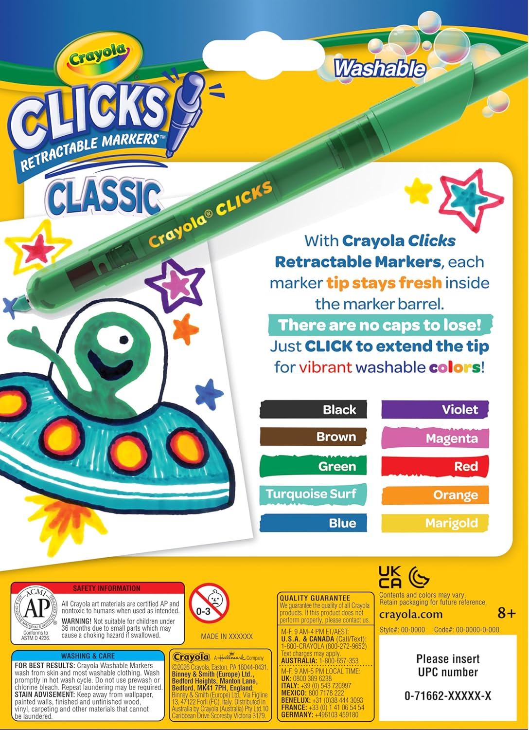 Crayola Clicks Retractable Tip Markers (10ct), Stocking Stuffers for Kids & Toddlers, Cone Tip Washable Art Marker Set, Coloring Book Supplies, No Dry, 3+