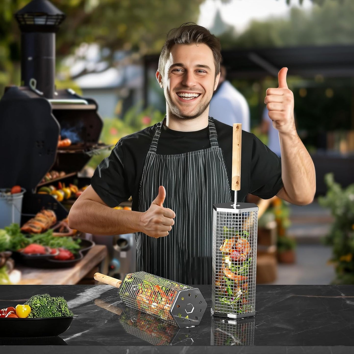 Rolling Grill Basket, Removable Wooden Handle, 304 Stainless Steel, Nesting Grilling Tools, Smoker BBQ Accessories for Vegetable, Outdoor Cooking Camping, Birthday Gifts for Men Dad Husband