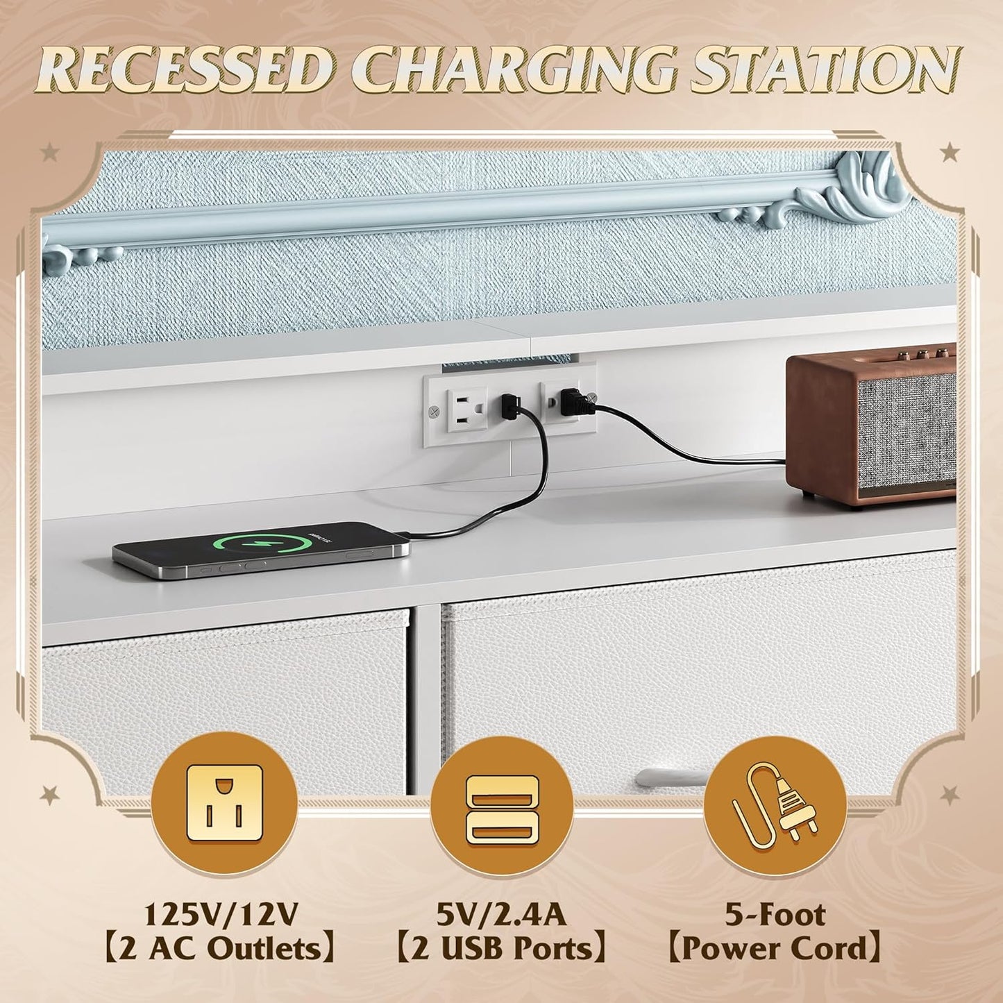 WLIVE White TV Stand for 45, 50, 55 inch TV, Entertainment Center with LED Lights & Charging Station, TV Media Console Table with 9 Fabric Drawers and Open Shelves for Living Room, Hallway, Wood Top