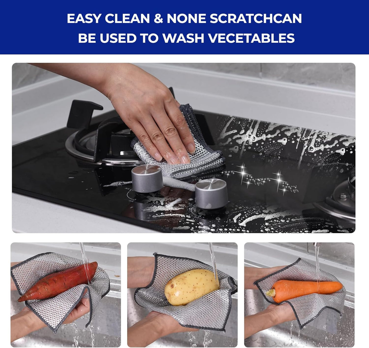 12 PCS New Upgrade 3-Layer Non-Scratch Multipurpose Steel Wire Dishcloths - Reusable Quick-Dry Odor-Free Scrub Cloths for Dishes, Kitchen Cleaning Cloths for Cookware, Sinks, Stove Tops 7.87“ x 7.87”