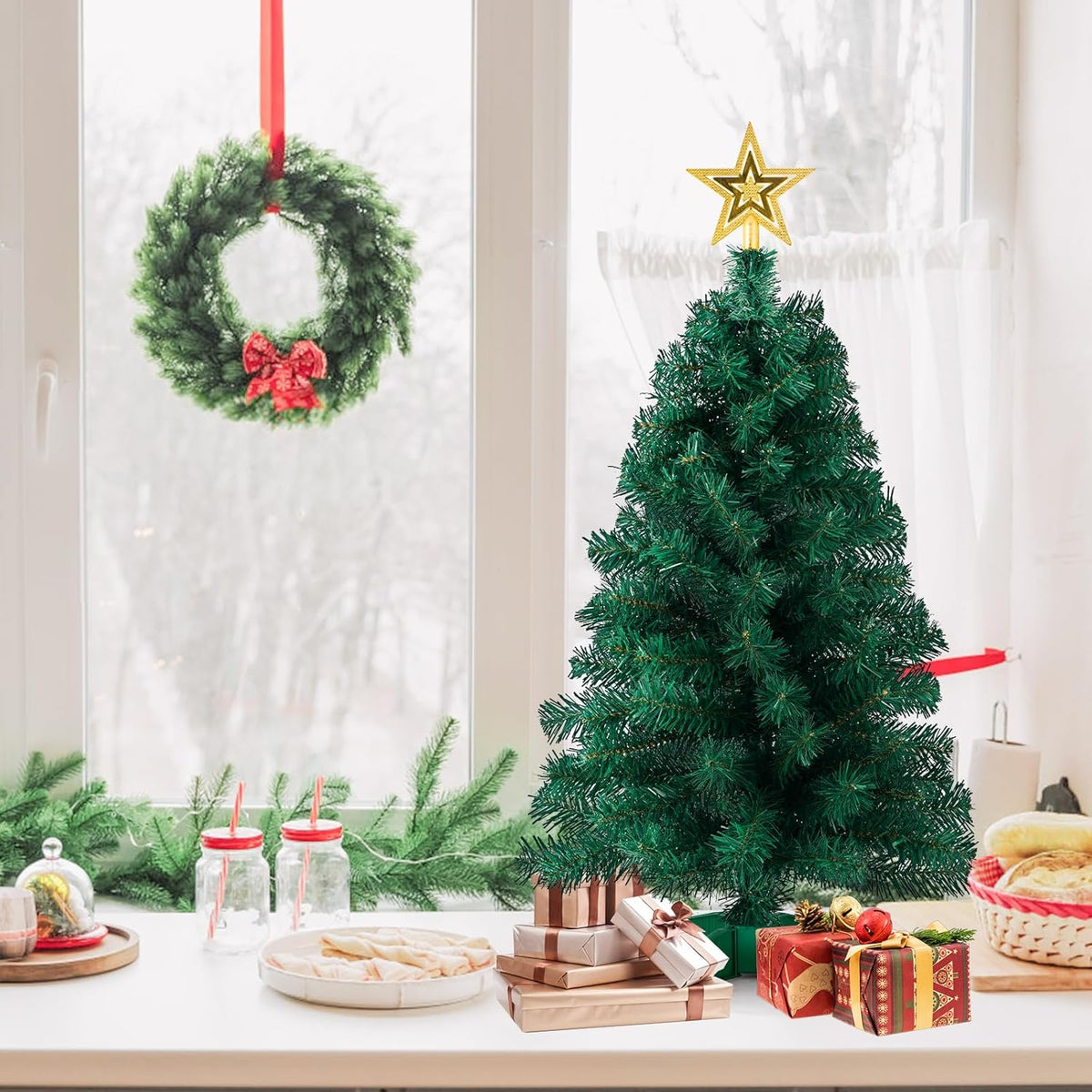 3ft Artificial Christmas Tree with Gold Tree Topper Star, Mini Xmas Pine Tree with 4-Leg Stable Plastic Base, Small Tabletop Christmas Decoration for Home Office Holiday Party Indoor Use