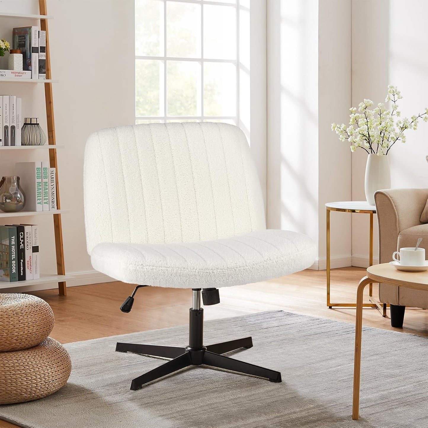 Sweetcrispy Criss Cross Chair Legged, Armless Office Swivel Desk Chair No Wheels, Vanity Height Adjustable Wide Seat Computer Task Seating - Teddy Cream