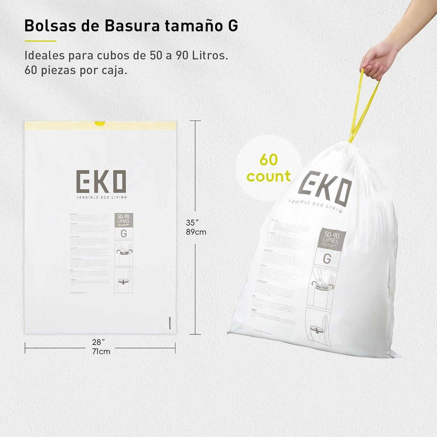 EKO 21 Gallon / 50-90 Liter, 60 Count Drawstring Trash Bags, Extra-Strong Unscented Garbage Bags, Easy-Dispense Roll for Kitchen & Household Use, Code G, White