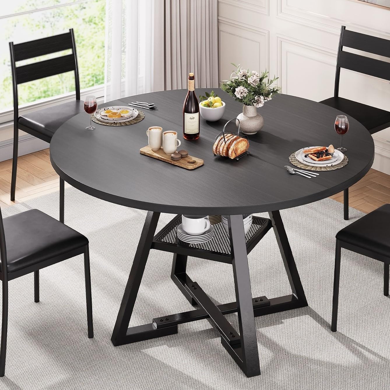 Round Dining Table for 4,Kitchen Dining Room Circle Dinner Pedestal Table,Space Saving Wood Kitchen & Dining Room Furniture (Black, 47In)