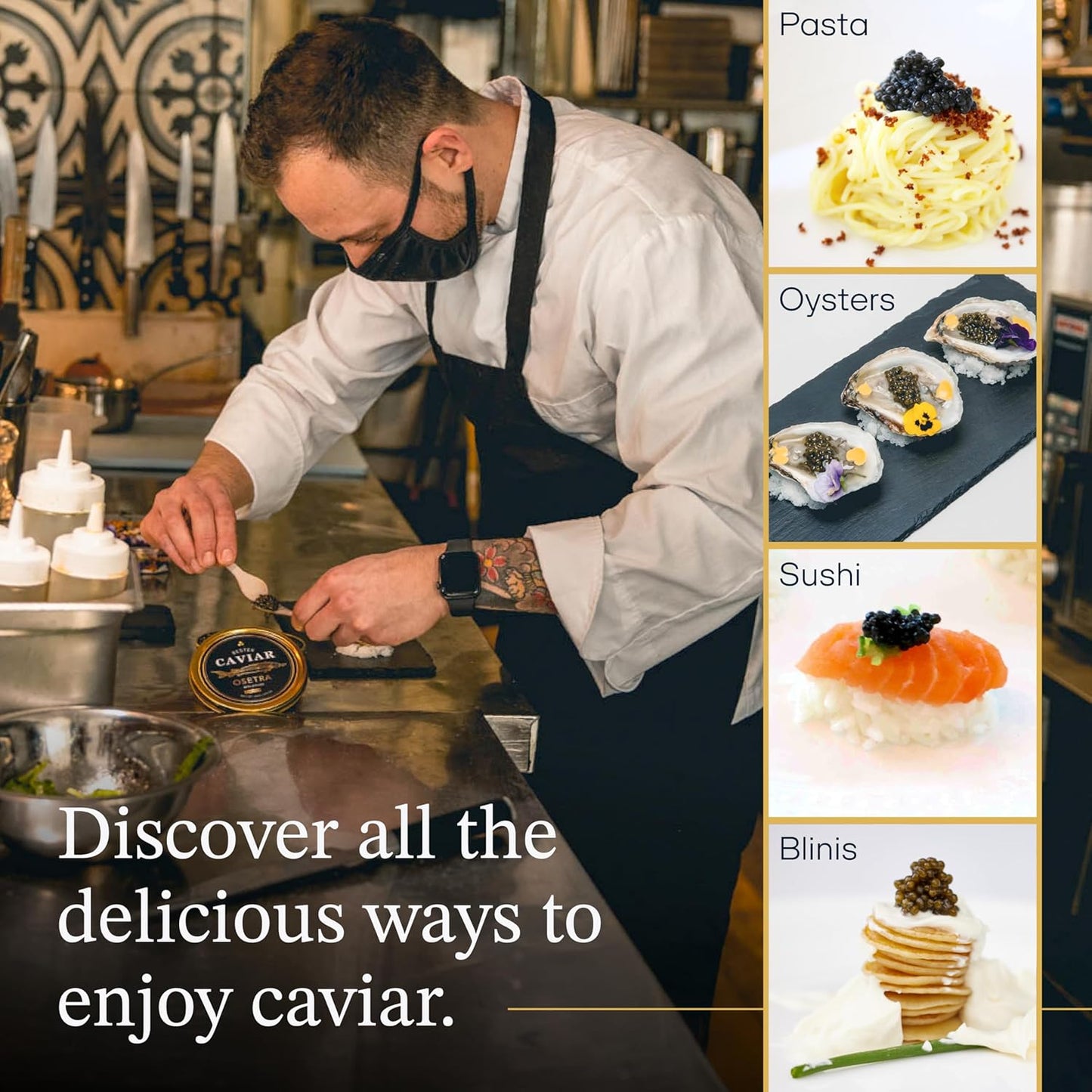 Overnight Guaranteed, BESTER Premium Russian Osetra Sturgeon Black Caviar - (8.8 oz-250g) - Malossol Ossetra Black Roe - Premium Quality, Traditional Style, Imported. Free blinis and 2 spoons.