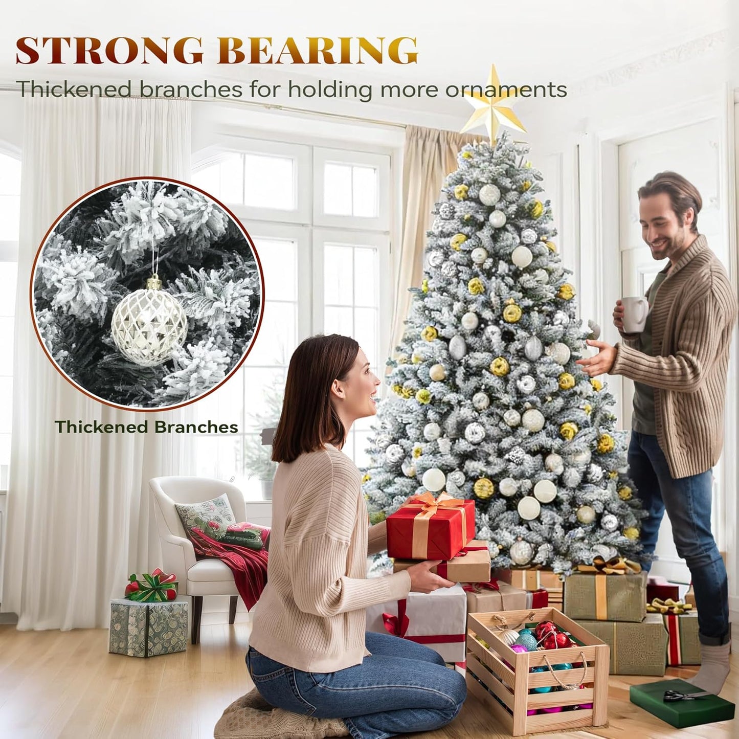 YITAHOME Prelit Snow Flocked Artificial Full Christmas Tree 6ft with Remote Control, Christmas Pine Tree with 11 Light-Modes, 1000 Branch Tips, and Foldable Base for Home, Party Decoration