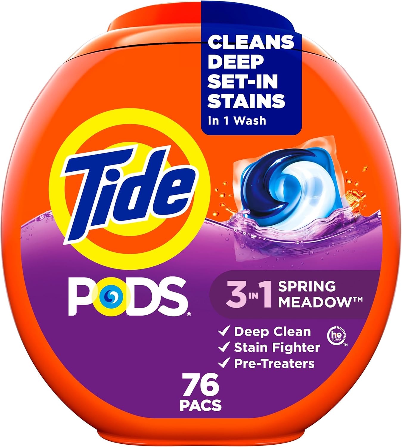 Tide PODS Liquid Laundry Detergent Soap Pacs, HE Compatible, Powerful 3-in-1 Clean in one Step, Built in Stain Removers, Spring Meadow Scent, 76 Count