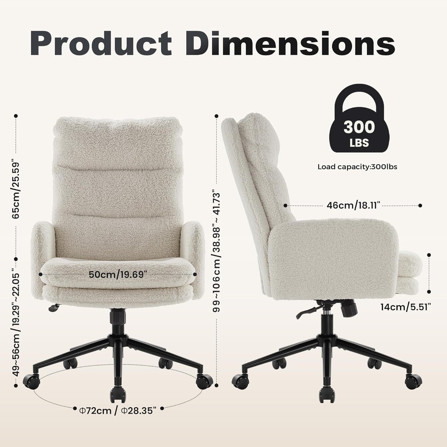 IWMH High-Back Home Office Chair,Upholstered Desk Chair with Armrests,Height Adjustable Armchair with Wheels, Swivel Office Desk Chair, Ergonomic Computer Task Chair, Leisure Armchair Cashmere(White)