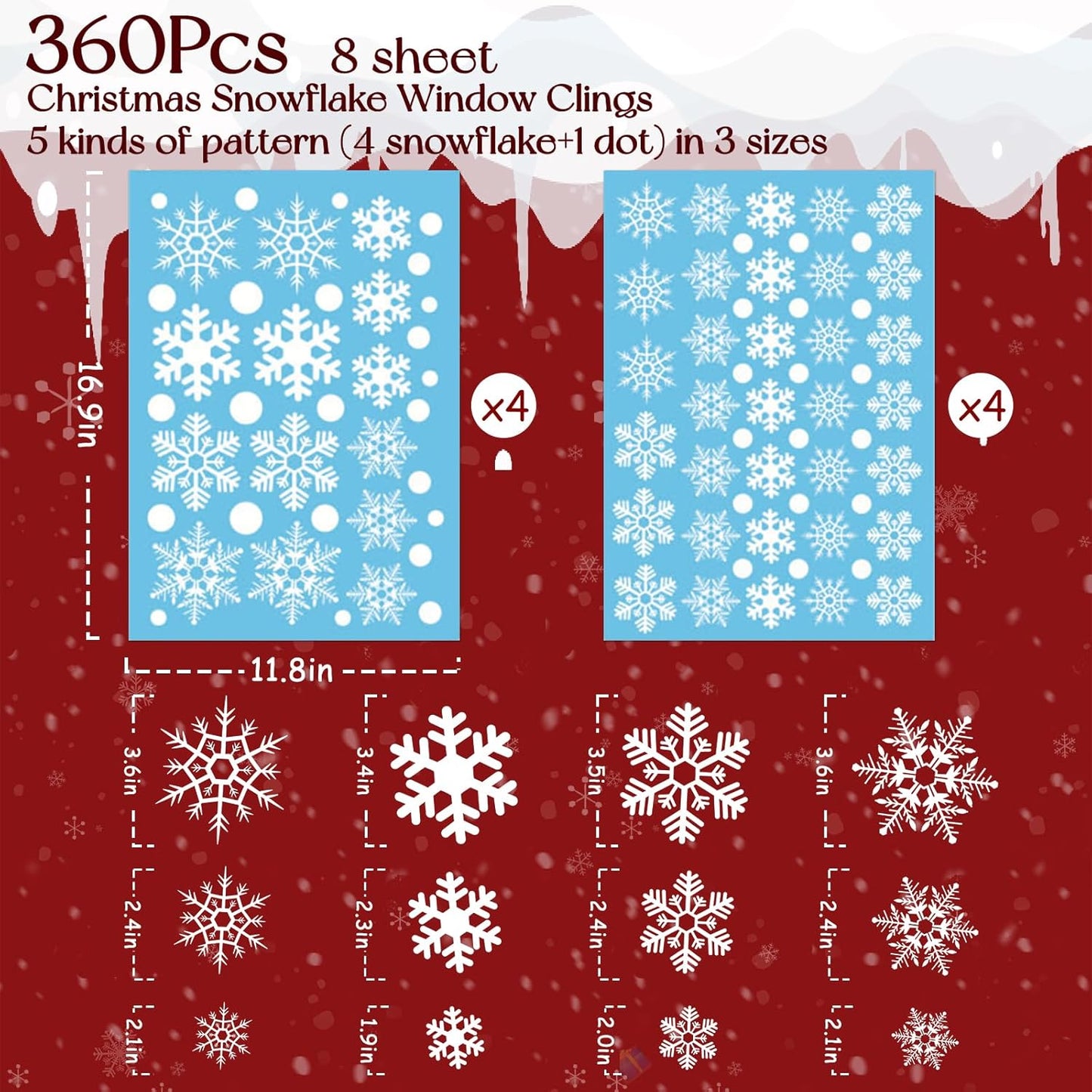 360Pcs Snowflake Christmas Window Clings, Static Christmas Window Stickers Creative White Decorations Winter Xmas Decals Party Supplies(8-Sheet)