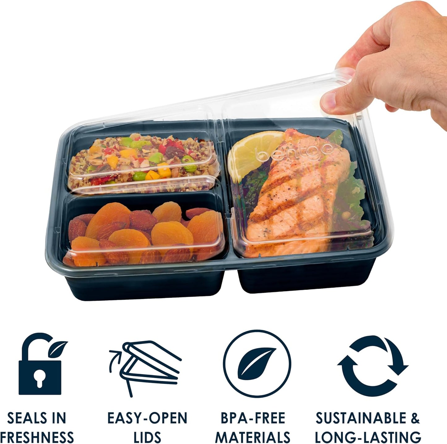 Bentgo 20-Piece Lightweight, Durable, Reusable BPA-Free 3-Compartment Containers - Microwave, Freezer, Dishwasher Safe - Navy Blue