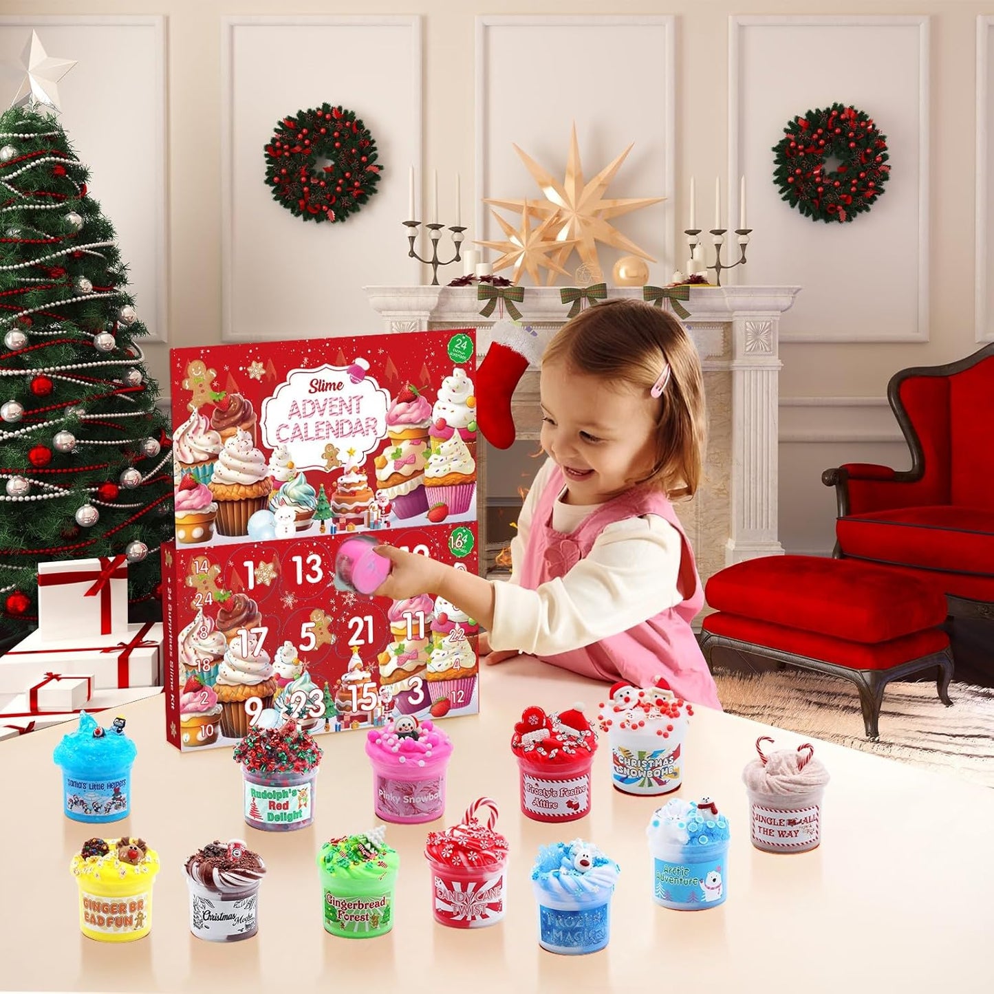 Slime Advent Calendar 2025, Christmas Countdown Calendars 24 Days of Surprises with Different Texture Fluffy Slime Kit Funny Gifts Toy for Toddler Kids Teens Girls 4 5 6 7 8 9 10 11 12 Year Old