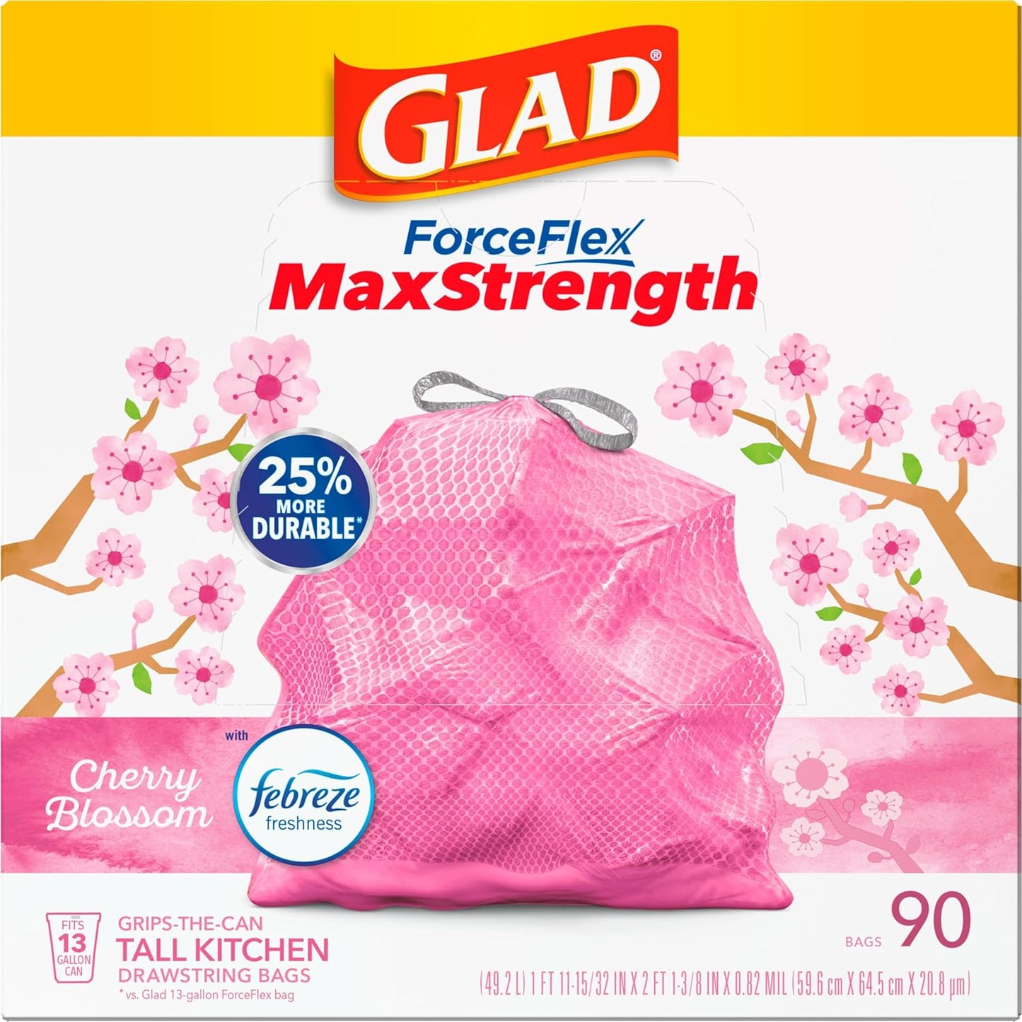 Glad ForceFlex MaxStrength Tall Kitchen Drawstring Trash Bags, 13 Gal, 90 Ct (Package May Vary)