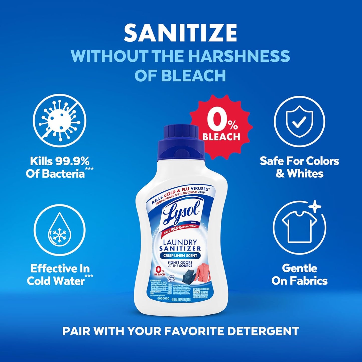 Lysol Disinfectant Laundry Sanitizer & Scent Booster, Laundry Detergent Additive, Color Safe Bleach Alternative, Laundry Odor Eliminator, Kills Bacteria & Viruses, Crisp Linen Scent, 41 Fl Oz Liquid