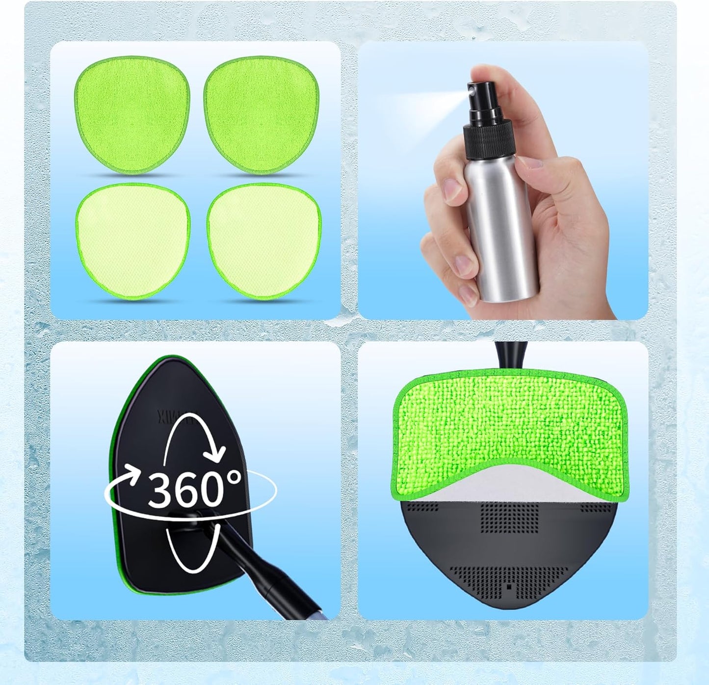 XINDELL Windshield Cleaner Tool – 360° Rotating Head with Extendable Handle, Velcro Microfiber Pads for Fast Stick & Peel, Dry/Wet Glass Cleaning for Cars, SUVs, Trucks & Home