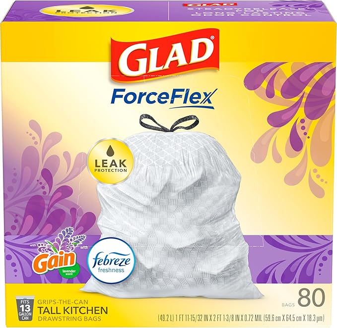 Glad ForceFlex Tall Kitchen Trash Bags, 13 Gal, Gain Lavender with Febreze, 80 Ct (Pack May Vary)