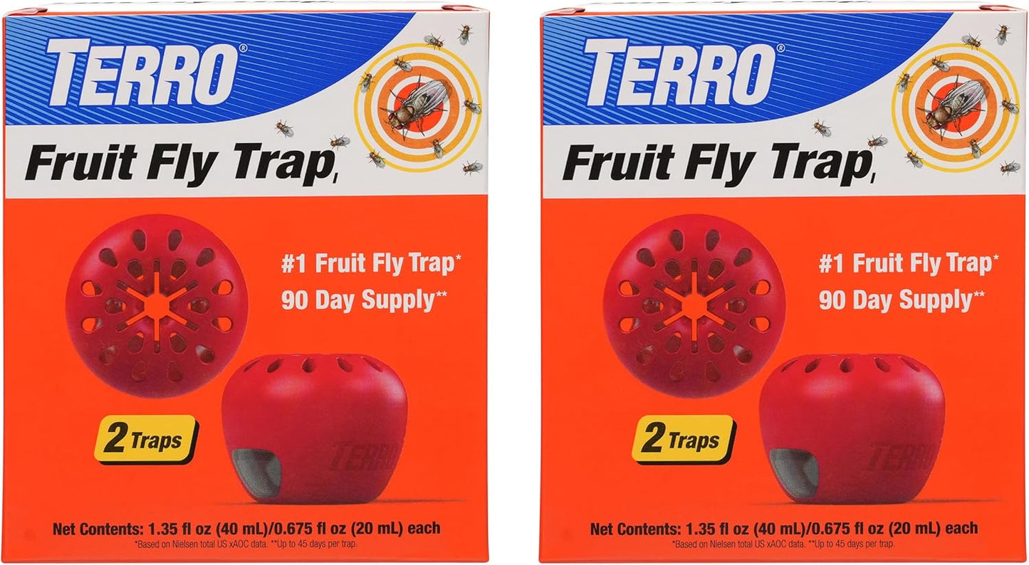 TERRO Fruit Fly Traps for Indoors (4 Pack) + 180 Days of Lure Supply - T2503SR - Lure and Kill Indoor Fruit Flies Near Fruit, Trash Cans, Countertops - Ready to Use Trap - 180 Day Supply
