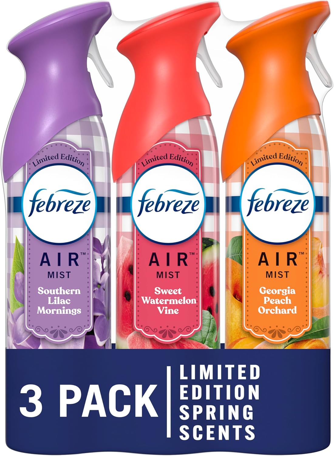 Febreze Air Mist Air Freshener Spray, Odor-Fighting Room Spray for Home, Bathroom and Kitchen, Aerosol Can, Southern Lilac Mornings, Georgia Peach Orchard, Sweet Watermelon Vine Scent, 8.8oz, 3 Count