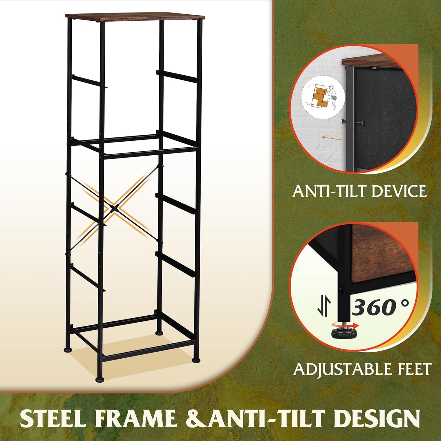 WLIVE Fabric Dresser for Bedroom, 5-Drawer Tall Dressers, Storage Organizer with Fabric Bins, Wood Top, Sturdy Steel Frame, Chest of Drawers for Closet, Hallway, Rustic Brown Wood Grain Print