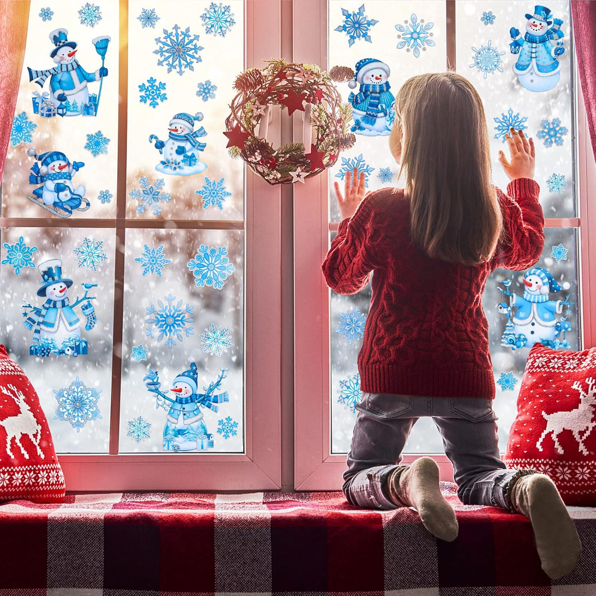 Christmas Window Clings for Glass Snowman Window Stickers Glitter Powder Craft Static Xmas Glitter Window Decals Xmas Snowflake Decals for Christmas Decorations Indoor 4 Sheets