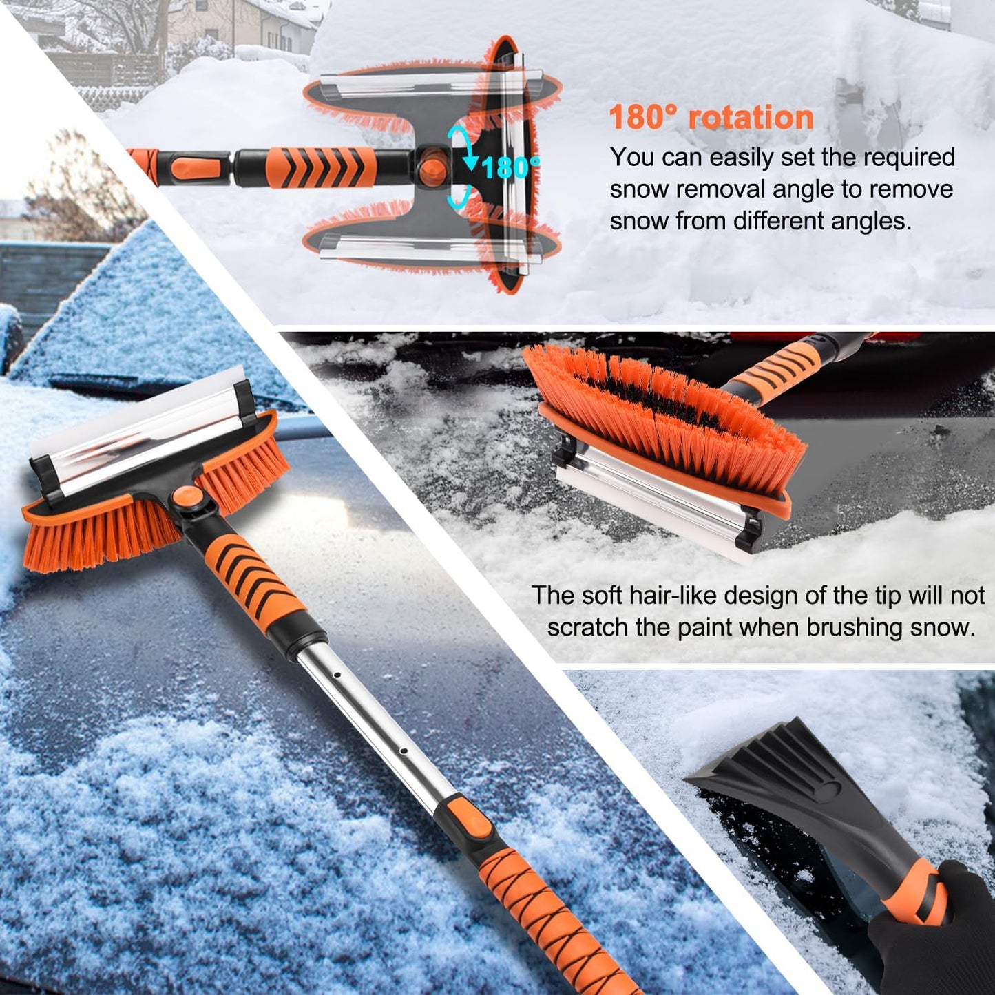 Car Snow Brush Snow Shovel Kit, 42'' Extendable Ice Scrapers and Snow Brushes for Car Windshield with Foam Grip 180° Pivoting Brush Head Snow Scraper, 39'' Extendable Emergency Snow Shovel for Car