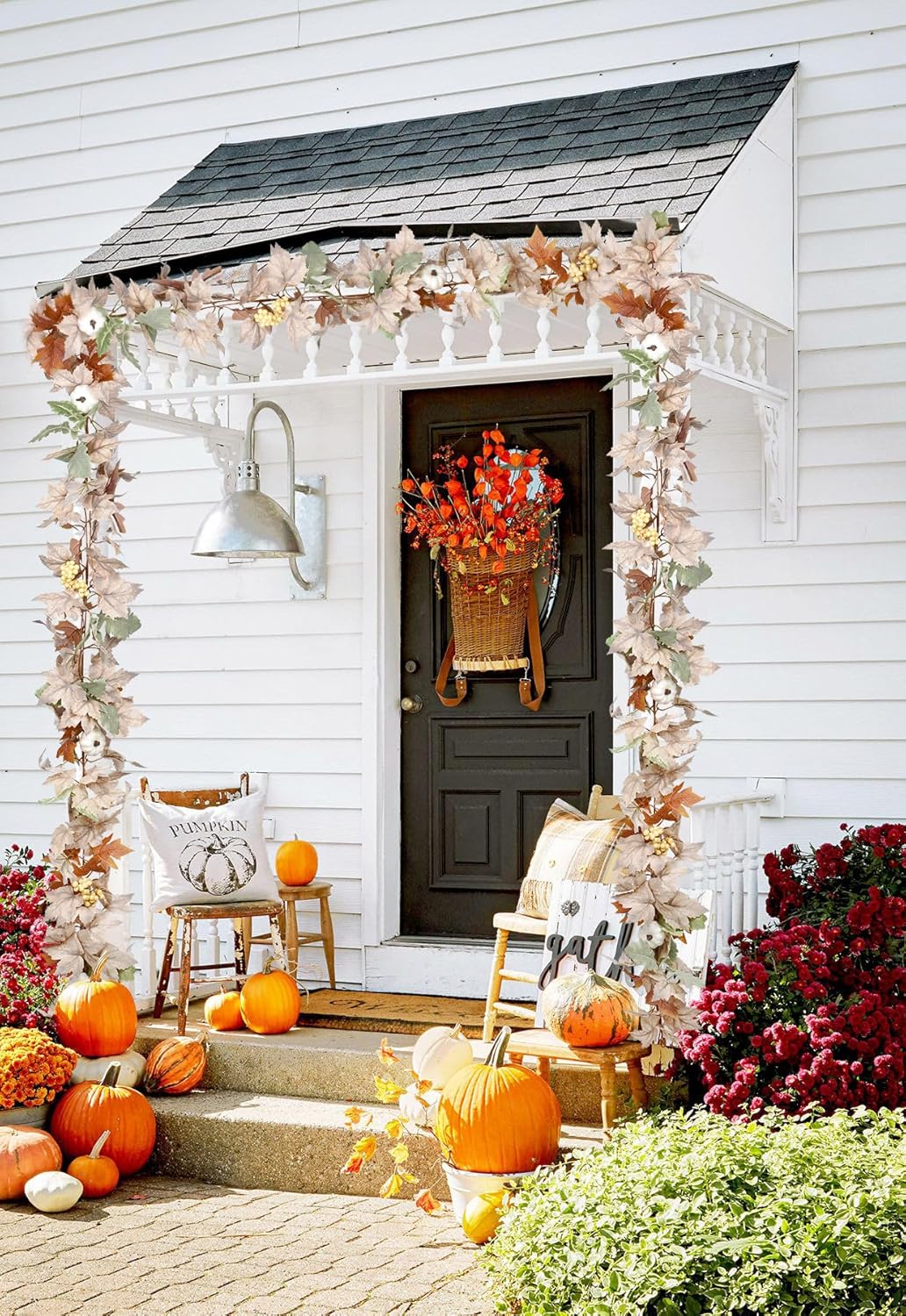 Fall Maple Leaf Garland, Hanging Vine Artificial Autumn Foliage Decoration for Thanksgiving, Home, Wedding, Fireplace, Party, Christmas (White)