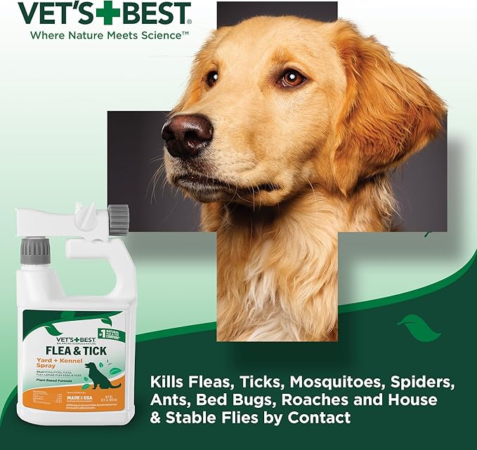Vet's Best Natural Flea and Tick Yard and Dog Kennel Spray, Plant Safe Tick Spray for Yard with Ready-to-Use Hose Attachment, Mosquito Repellent with Natural Oils, Flea Prevention for Dogs, 32 oz