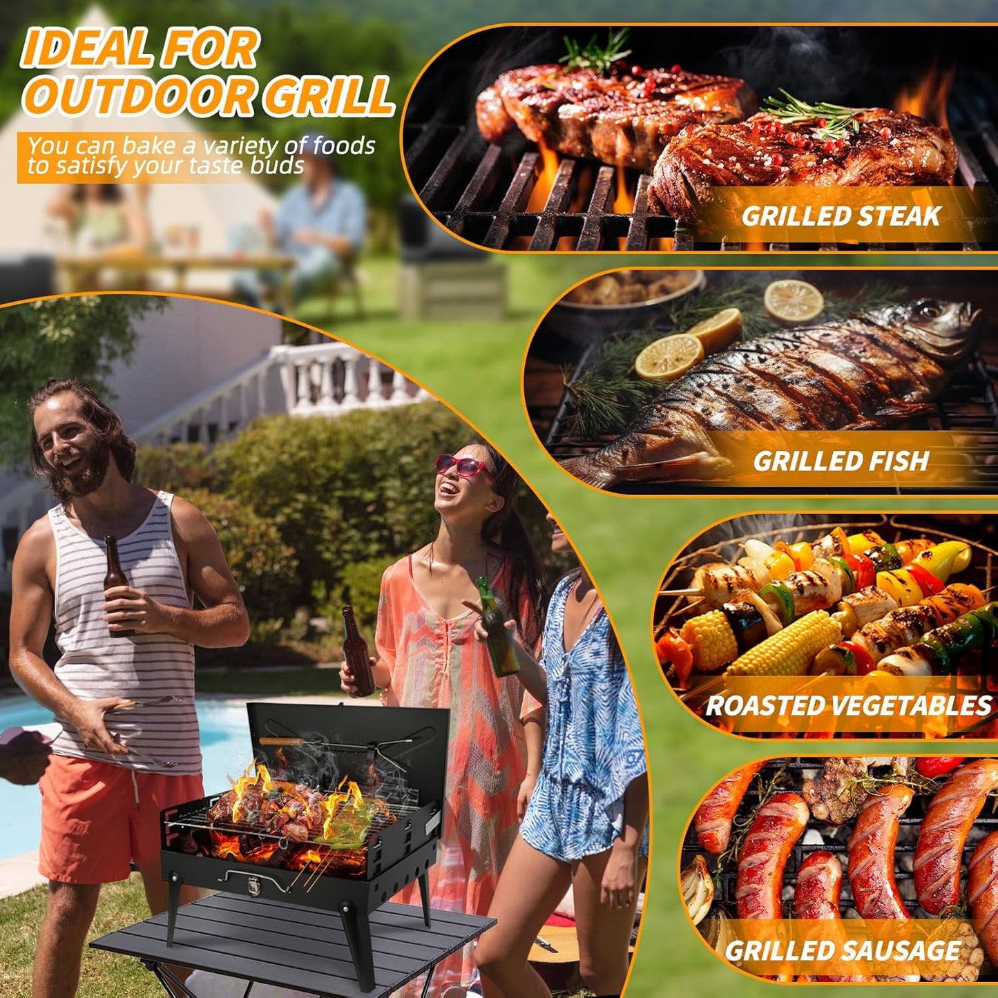 Portable Charcoal Grill Foldable BBQ Grill Kit - Compact Camping Grill for Outdoor BBQ, Cooking, Picnics, Beach, Backyard - Barbecue Accessories with Grill Tools