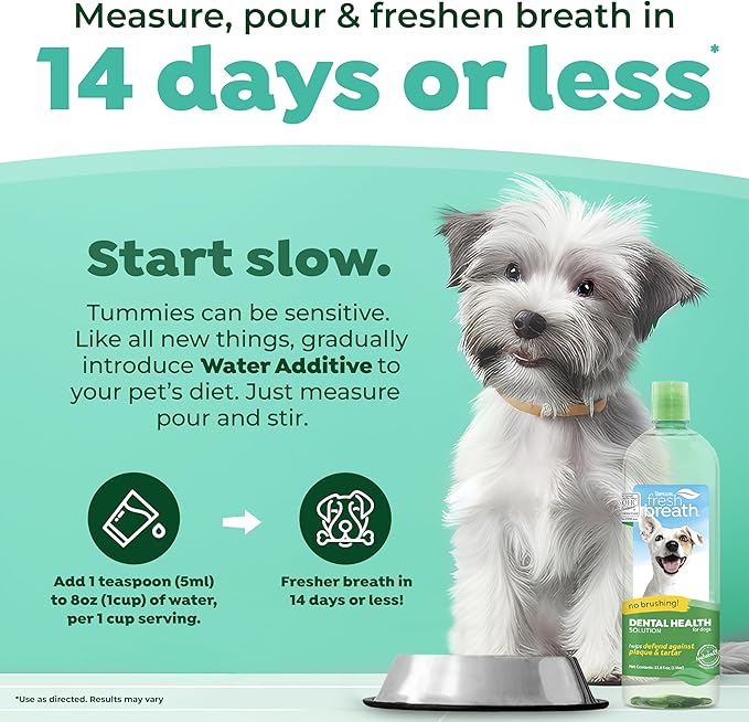 TropiClean Fresh Breath Water Additive for Dogs | Dog Breath Freshener & Teeth Cleaning Solution | No Toothpaste or Toothbrush Required | 33.8 oz