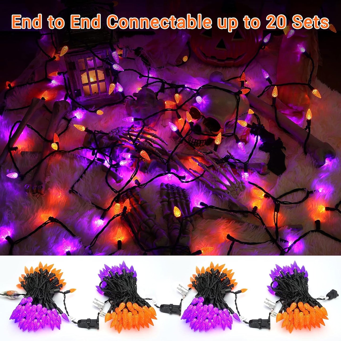 Brizled Purple & Orange Lights, 33ft 100 LED Faceted C5 Orange Halloween String Lights, 120V UL Certified Purple Light Set Connectable Halloween Light for Indoor Outdoor Tree Xmas Party Decoration
