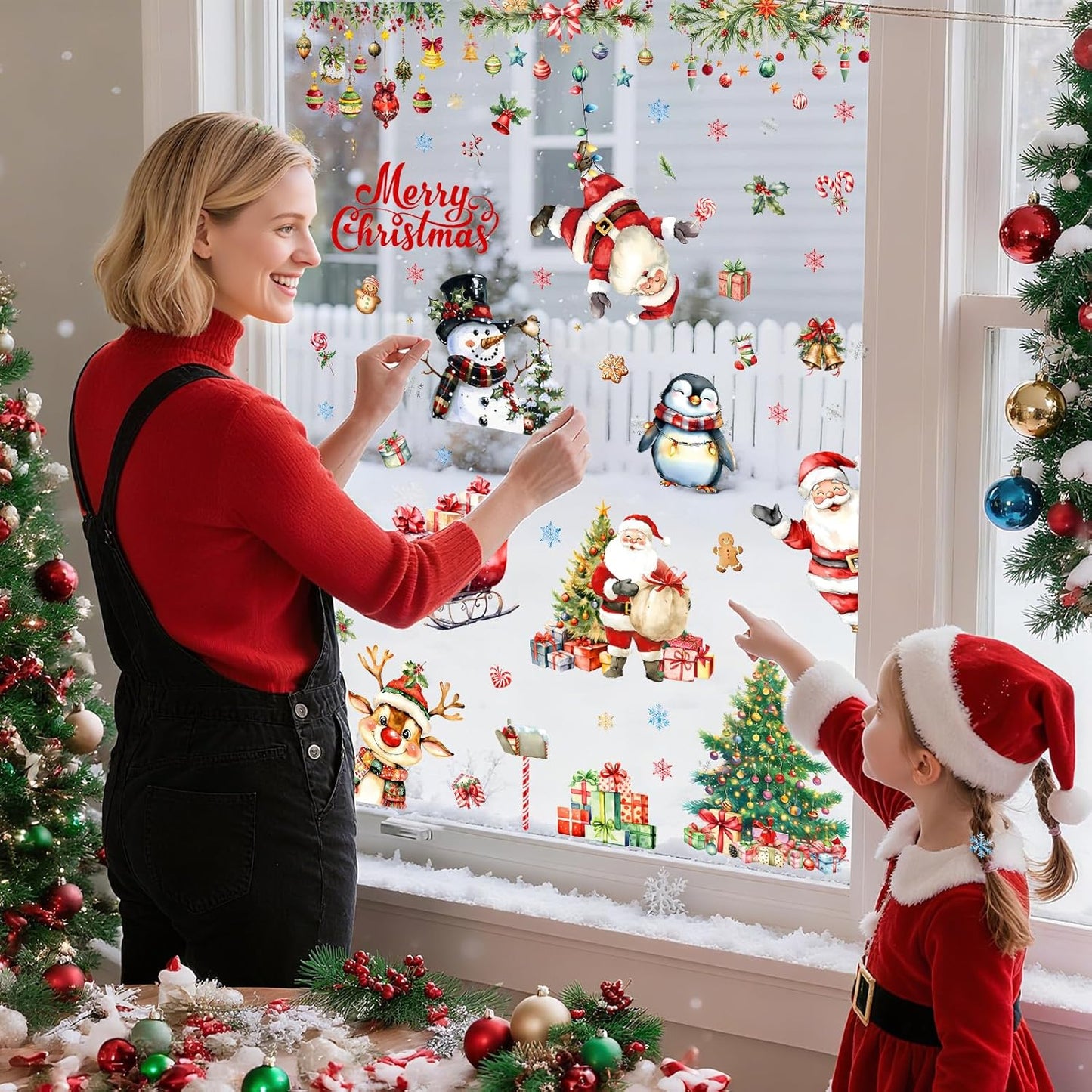 9 Sheets Christmas Window Stickers - Festive Holiday Lights, Santa, Snowman & Reindeer Window Clings, Reusable Christmas Windows Decals for Home Party Decor/Indoor Glass Decoration Festival Decor