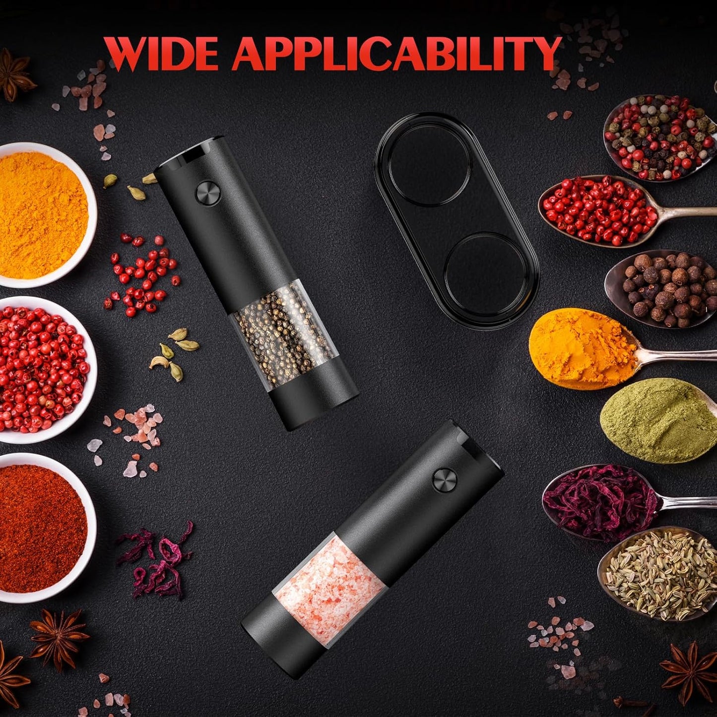Electric Salt and Pepper Grinder Set Automatic Battery Pepper Mill Shakers Adjustable Coarseness Easy Filling Upgraded Larger Capacity with Led Kitchen Appliances (2 Pack Black/Black)