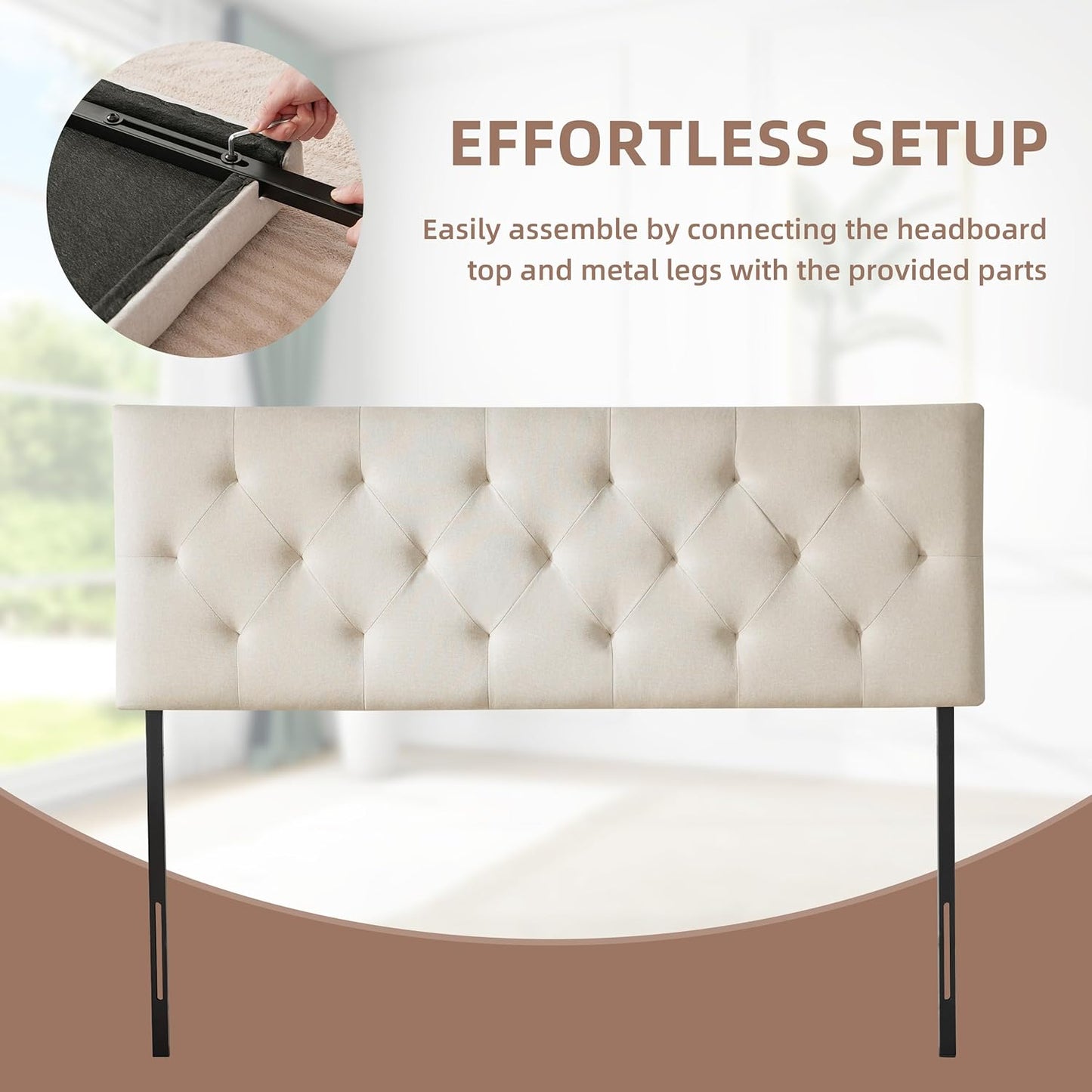 Linen Fabric Upholstered Headboard Queen Size, Modern Diamond Tufting Solid Wood Queen Headboard Only, Adjustable Height from 37” to 51” Head Board, Bed Frame or Wall Mount Headboards, Beige