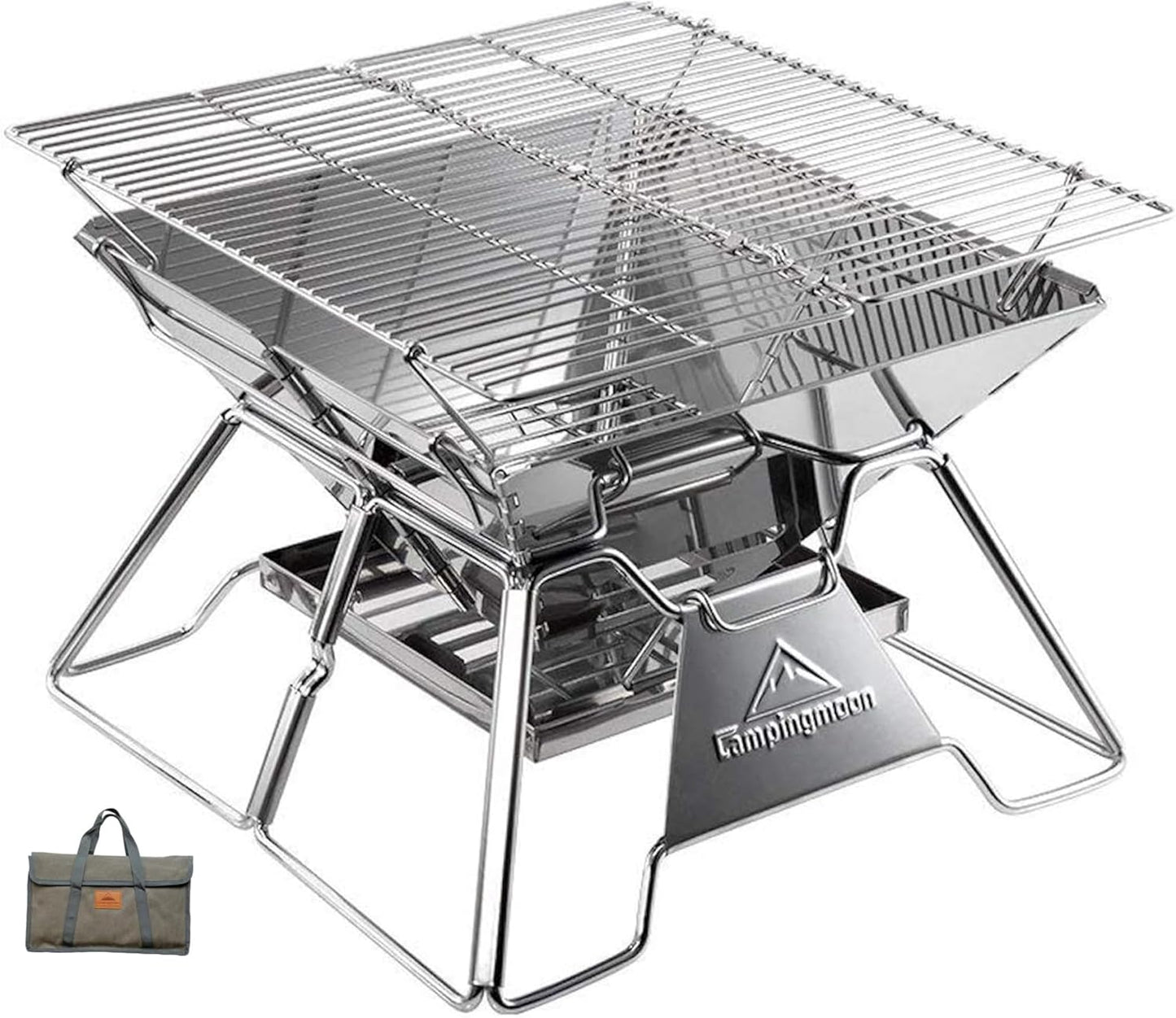 CAMPINGMOON Stainless Steel Foldable Camping Grills Portable Wood Burning Charcoal Grill 14-inch with Carrying Bag MT-2