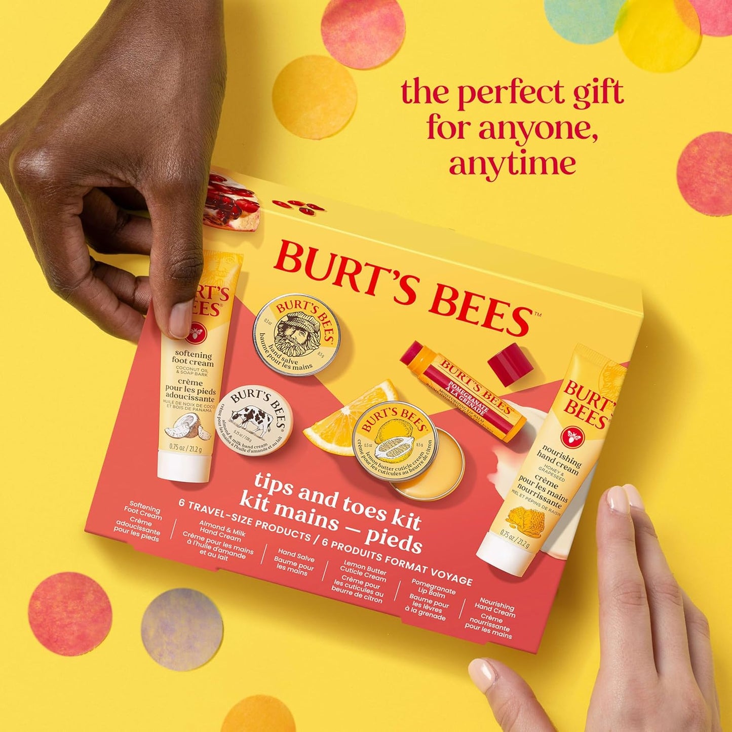Burt's Bees Gifts Ideas, Tips and Toes Kit, 6 Travel Size Products - Pomegranate Moisturizing Lip Balm, 2 Hand Creams, Foot Cream, Cuticle Cream, and Hand Salve