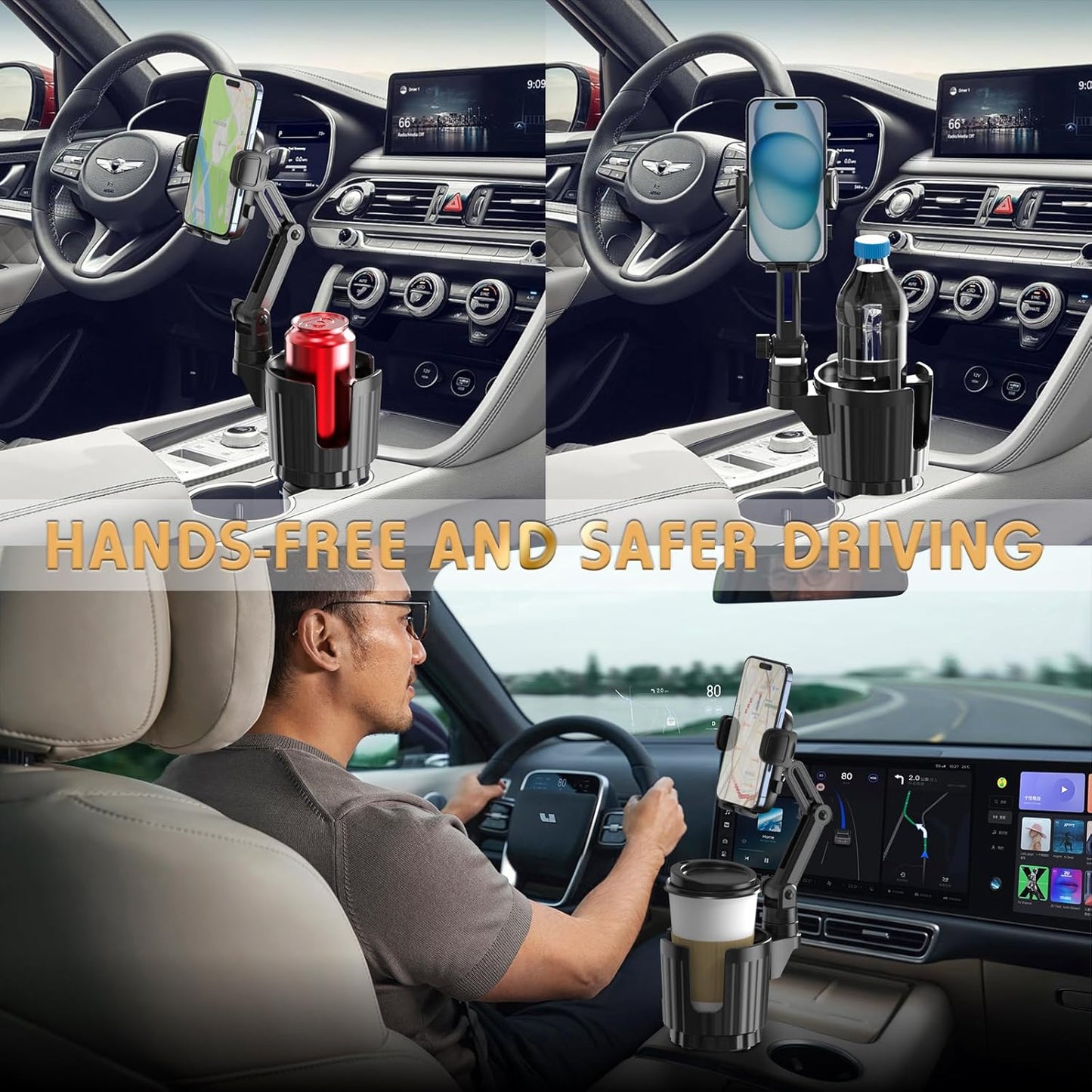 Phone Holders for Your Car, 2 in 1 Universal Cup Holder Expander Adjustable Base with Phone Mount, Long Arm with 360°Rotation Cup Holder Phones Mount for Car Compatible with All Smartphones