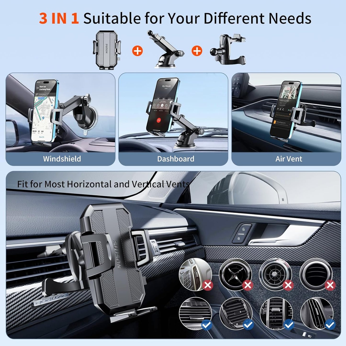 Upgraded 3-in-1 Car Phone Holder Mount Powerful Suction Phone Mount for Car Dashboard Air Vent Windshield,for All iPhone Android Phone (Black)