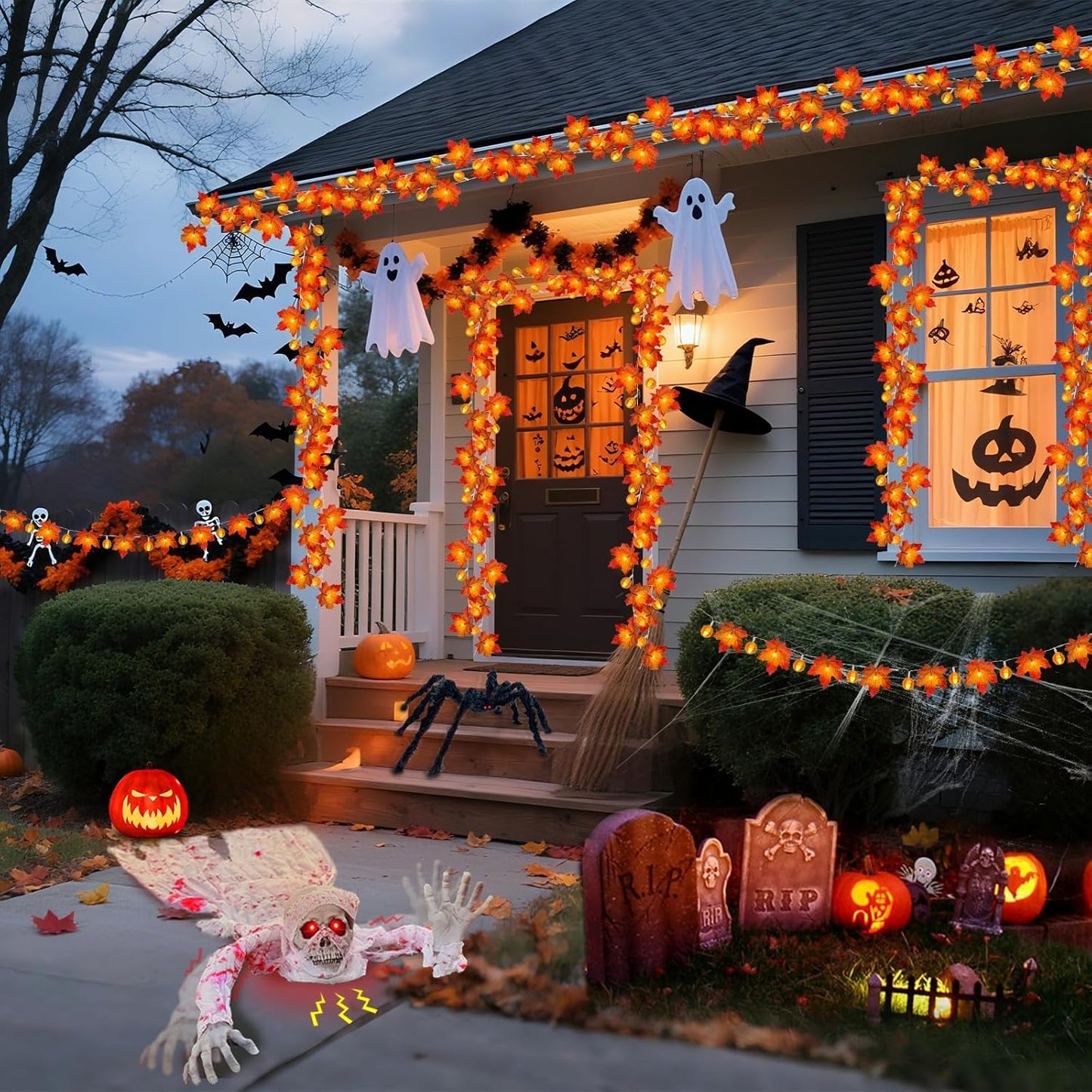 3 Pack Fall Garland with Pumpkin Lights & Enlarged Maple Fall Halloween String Lights Pumpkin Decor, 30Ft 60LED Waterproof Battery Operated Fall Decorations for Home Thanksgiving Decor Indoor Outdoor
