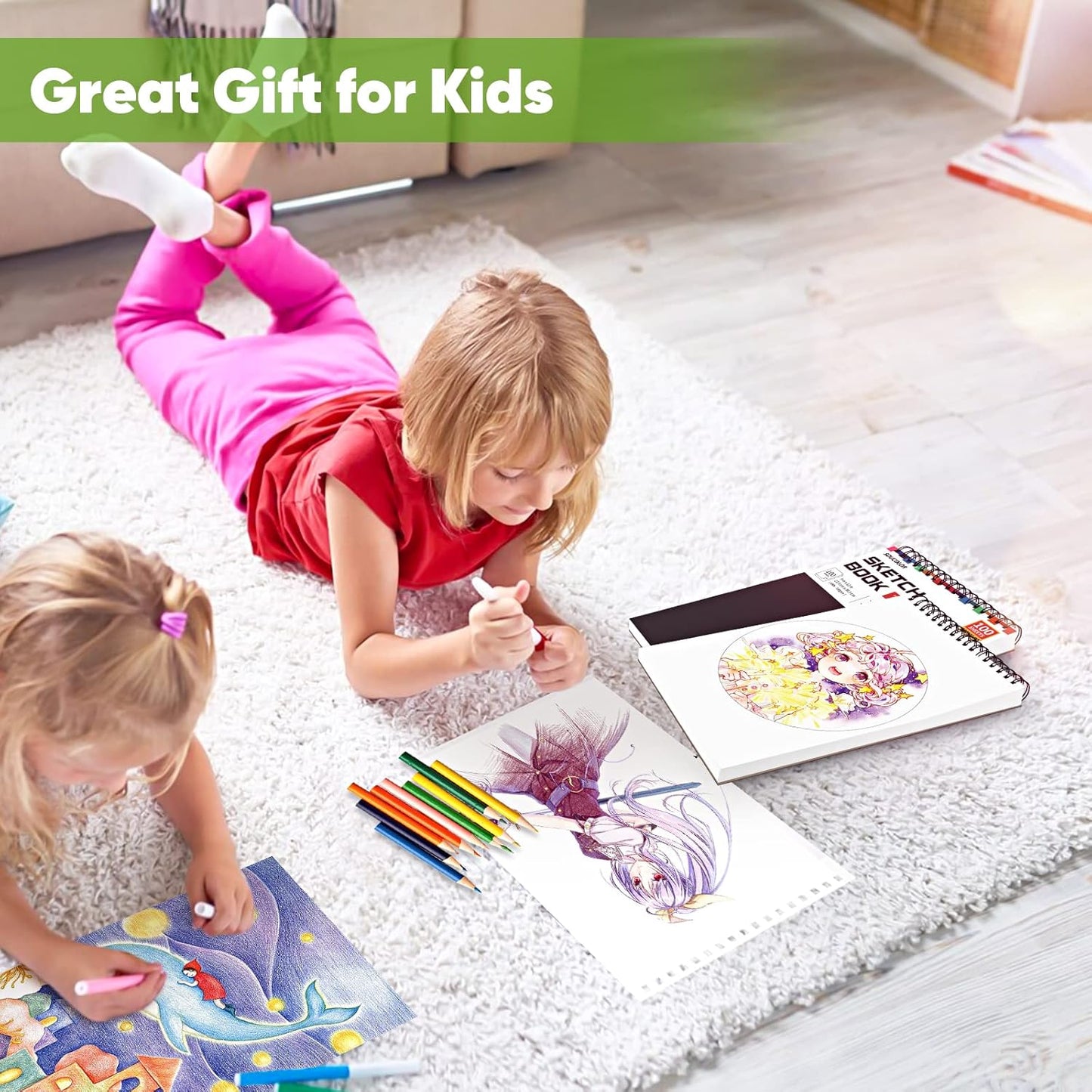 Soucolor Sketch Book, Spiral Bound Acid-Free Sketchbook with 68lb/100gsm for Paper Painting, Drawing, Writing, Artist Sketching Pad for Kids, Adults & Teens, 100 Sheets (Black, 9 x 12 Inch, Pack of 1)