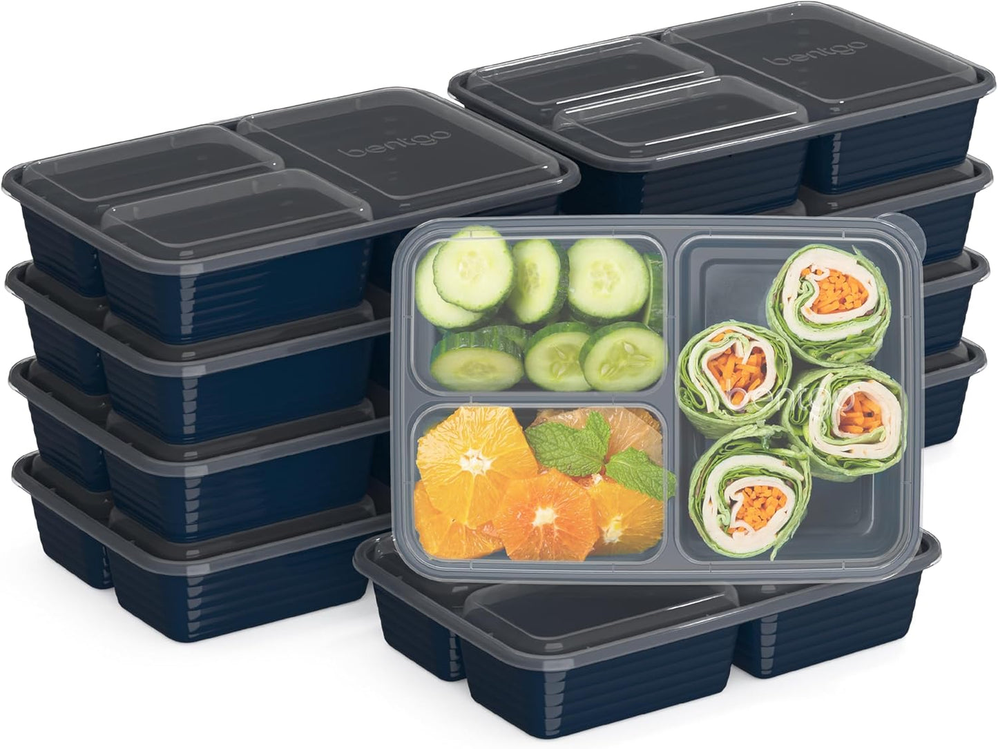 Bentgo 20-Piece Lightweight, Durable, Reusable BPA-Free 3-Compartment Containers - Microwave, Freezer, Dishwasher Safe - Navy Blue