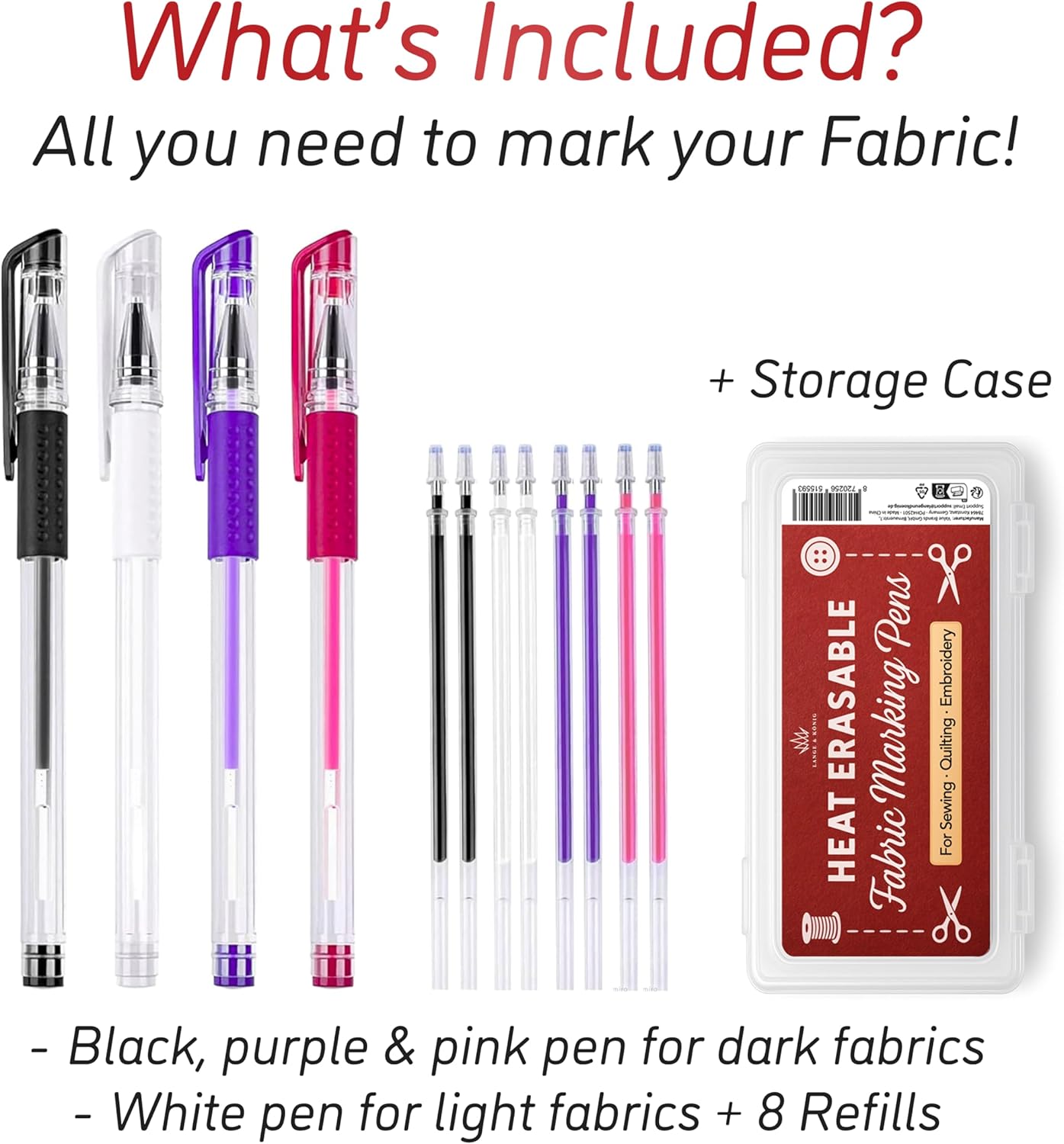 Lange & König Heat Erasable Fabric Marking Pens for Sewing - 4 Pens + 8 Refills - Sewing Supplies Quilting Supplies Sewing Accessories Embroidery Supplies Pen Tailors Chalk Fabric Chalk Alternative