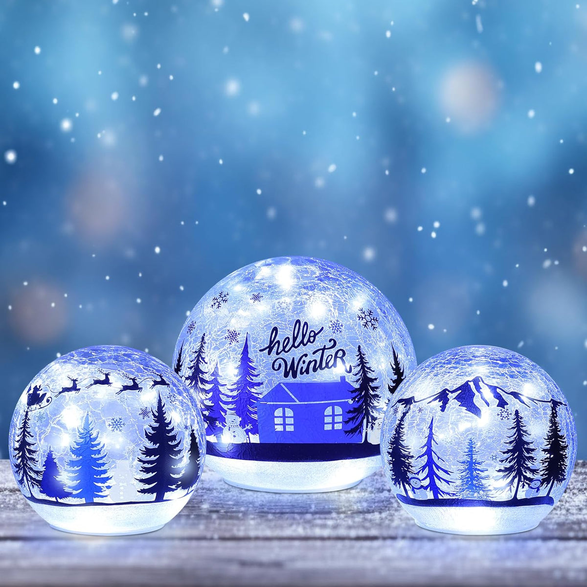YEAHOME Christmas Decorations Indoor, Set of 3 Crackle Glass Ball with LED Lights Christmas Tree Snowman, Christmas Table Decorations Hello Winter Globes with Timer for Home Mantel Fireplace Decor