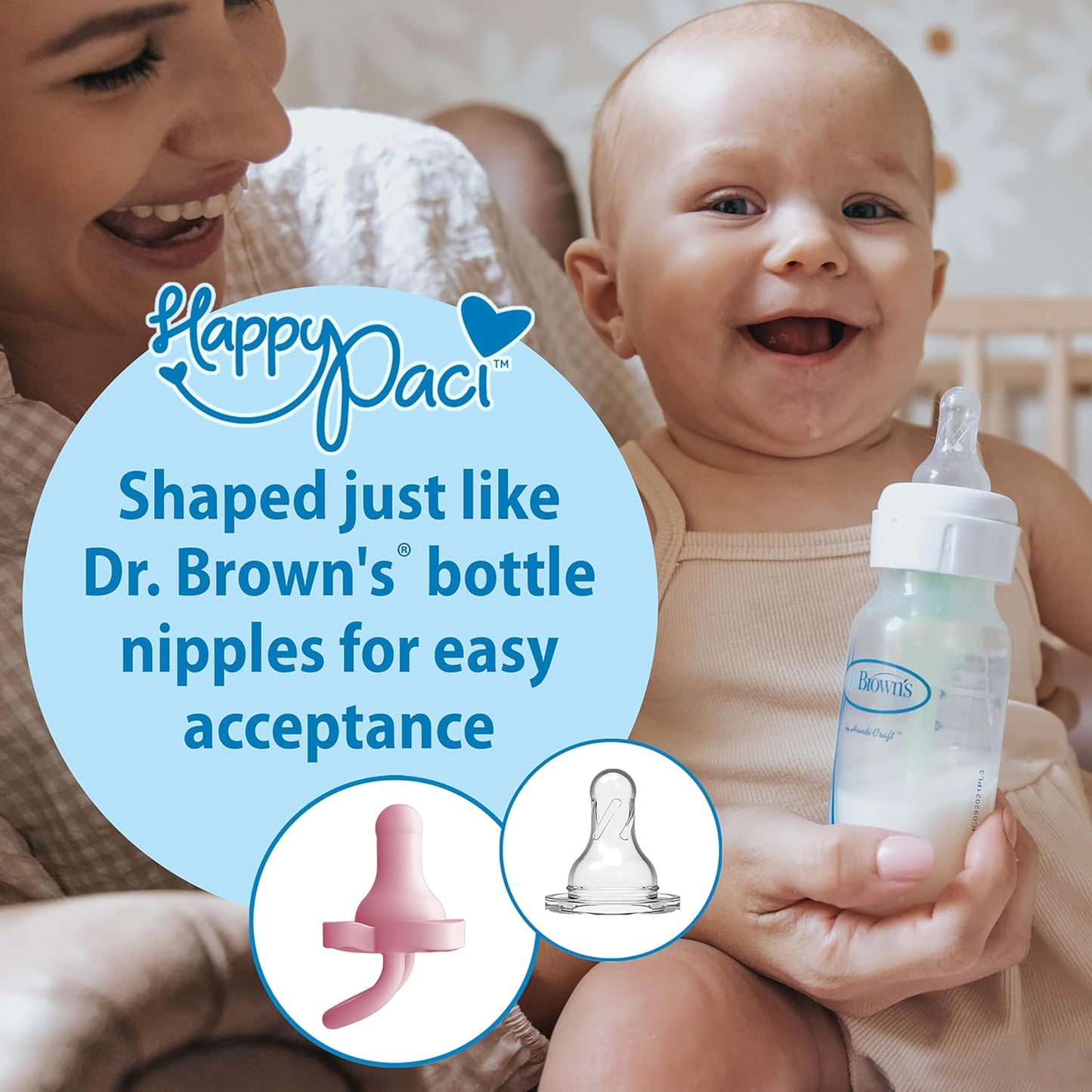 Dr. Brown's HappyPaci 100% Silicone Baby Pacifier, Contoured One-Piece Design, Light Pink/Pink/White, 0-6m, BPA-Free, 3-Pack