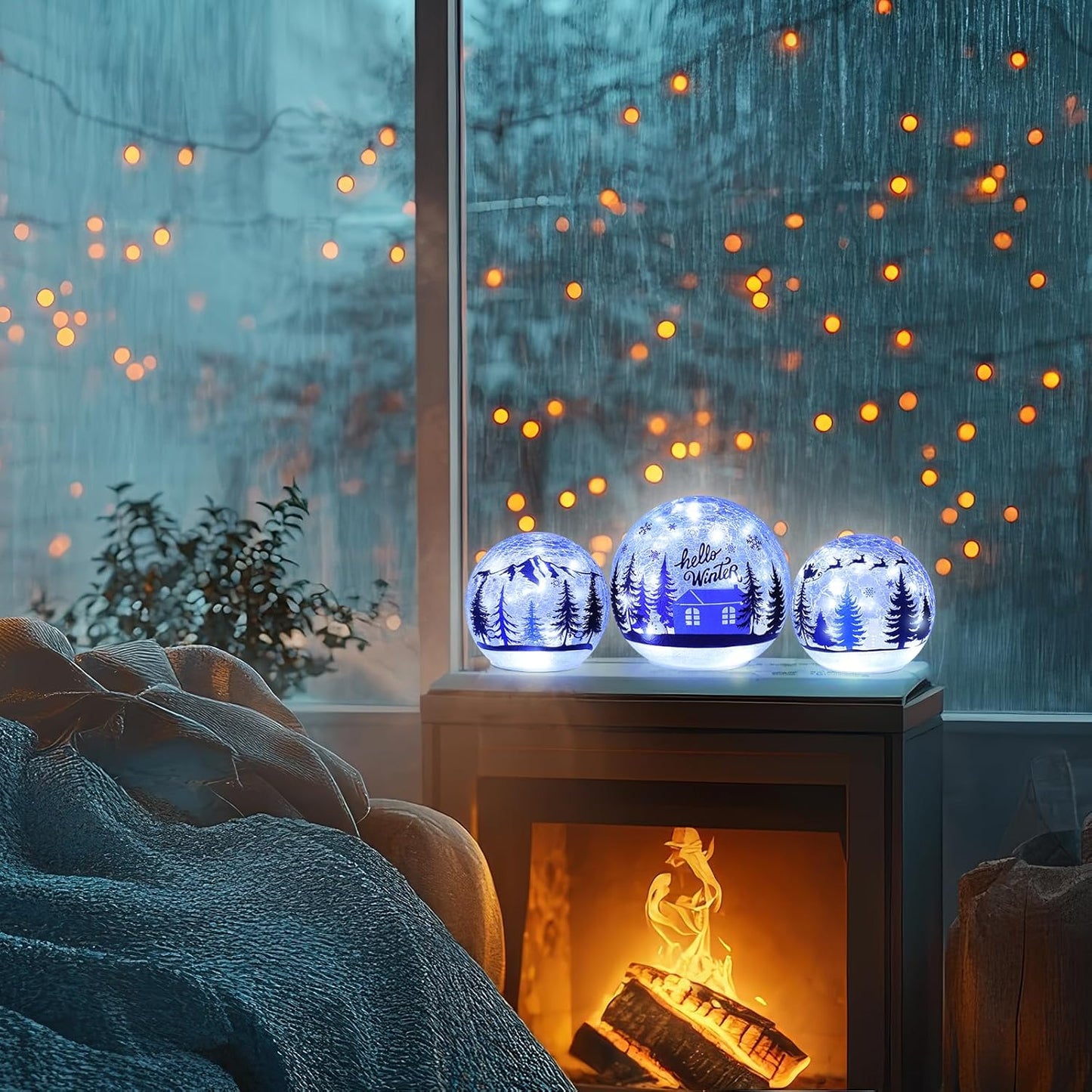 YEAHOME Christmas Decorations Indoor, Set of 3 Crackle Glass Ball with LED Lights Christmas Tree Snowman, Christmas Table Decorations Hello Winter Globes with Timer for Home Mantel Fireplace Decor