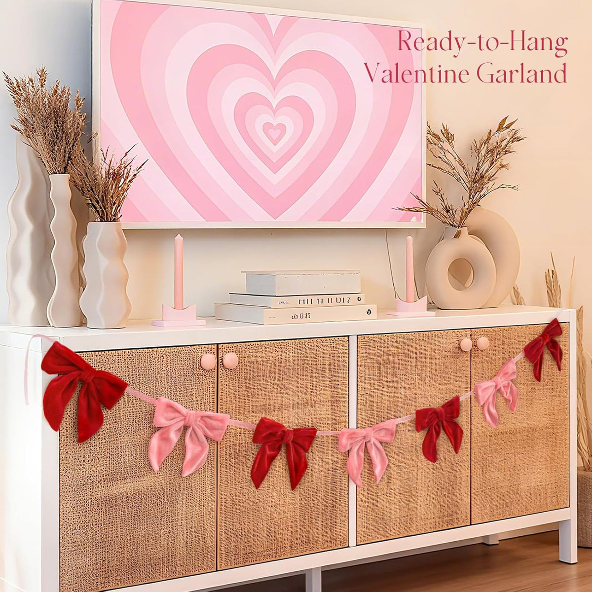 Valentines Day Decorations - 6.5 Ft Pink and Red Velvet Bow Garland - Valentines Day Decor for Home Party Office - Coquette Room Decor for Tree Door Table Wall Window Mantel