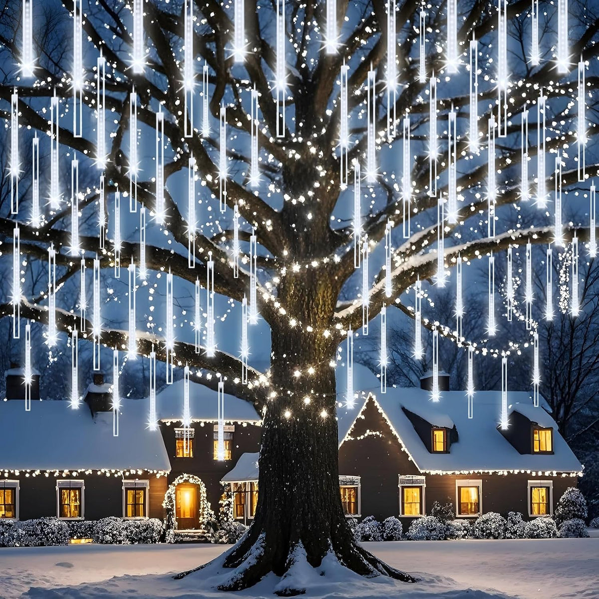 Christmas Lights Outdoor, Meteor Shower Lights 8 Tubes 192LED UL Certified Snow Falling Rain Cascading Icicle Light for Xmas Tree Christmas Decorations Outdoor Wedding Party Window, White