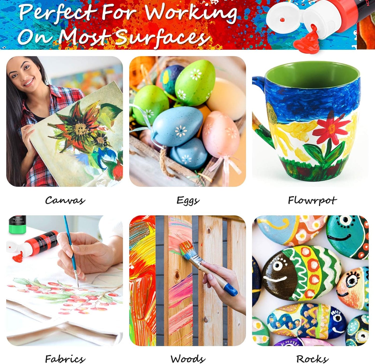 Caliart 24 Colors Acrylic Paint Set with 12 Brushes, Art Craft Paints Gifts Trendy Stuff for Adults Artists, Halloween Pumpkin Canvas Ceramic Rock Eggs Painting Kit Art Supplies