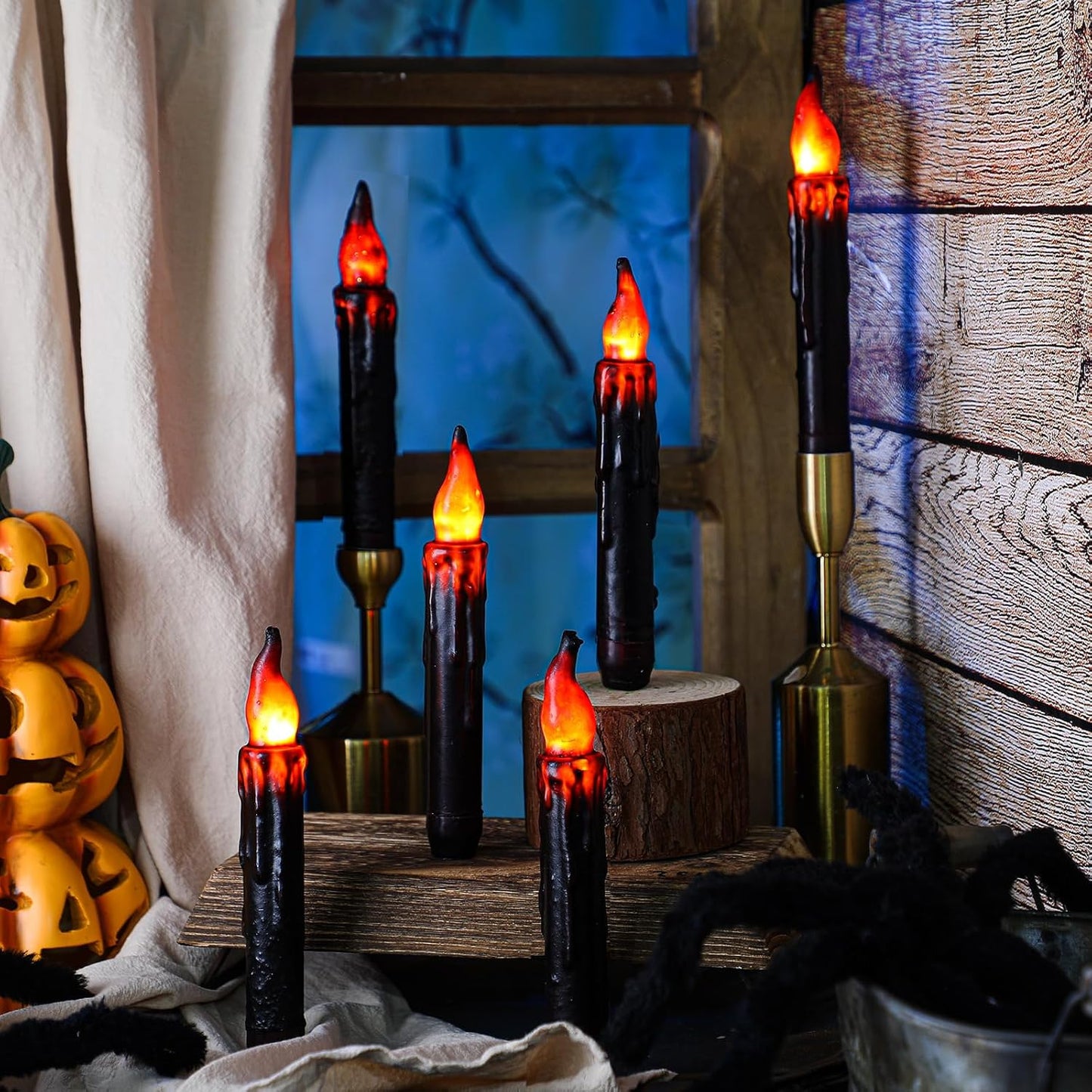 Baquler 6 Pcs Halloween Flameless Candles Real Wax Hand Dipped 6.5 Inch Black Short Taper Candles Battery Operated Rustic LED Candlesticks for Halloween Decoration Fireplace Dinning Table Home Party