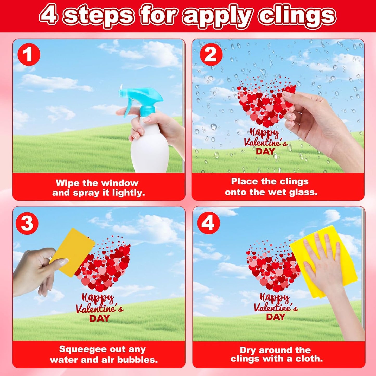 Valentines Day Decorations, 9 Sheets Valentine Window Clings Decor, Red Heart Stickers for Home, Office, Classroom, Romantic Cupid Decals Décor