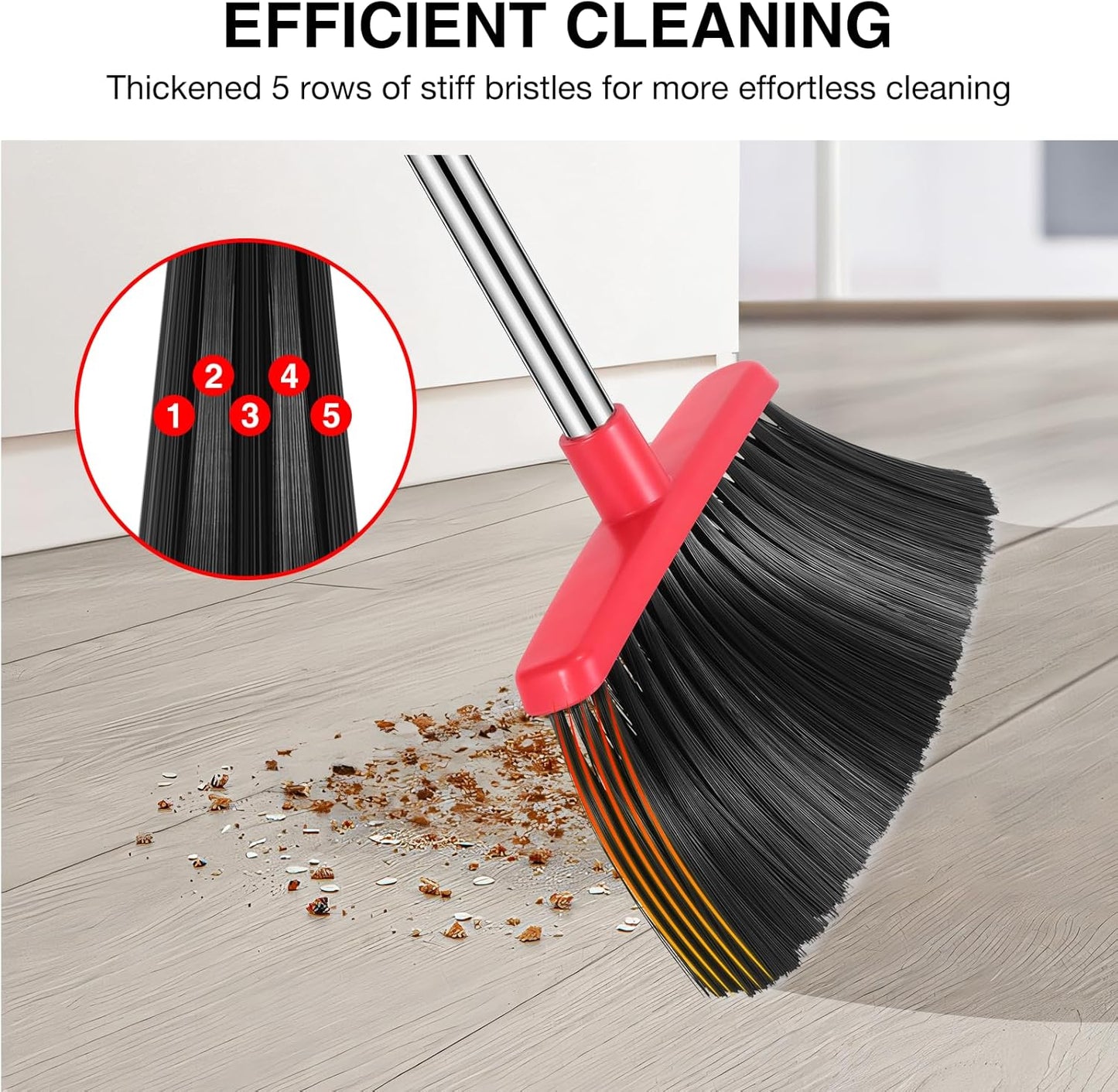 NACENA Broom and Dustpan Set, 52-in Long Adjustable Handle Broom Dustpan Combo with Dustpan Teeth to Automatically Clean Hair Suitable for Home Kitchen Office Hall Floor(Black&Red)