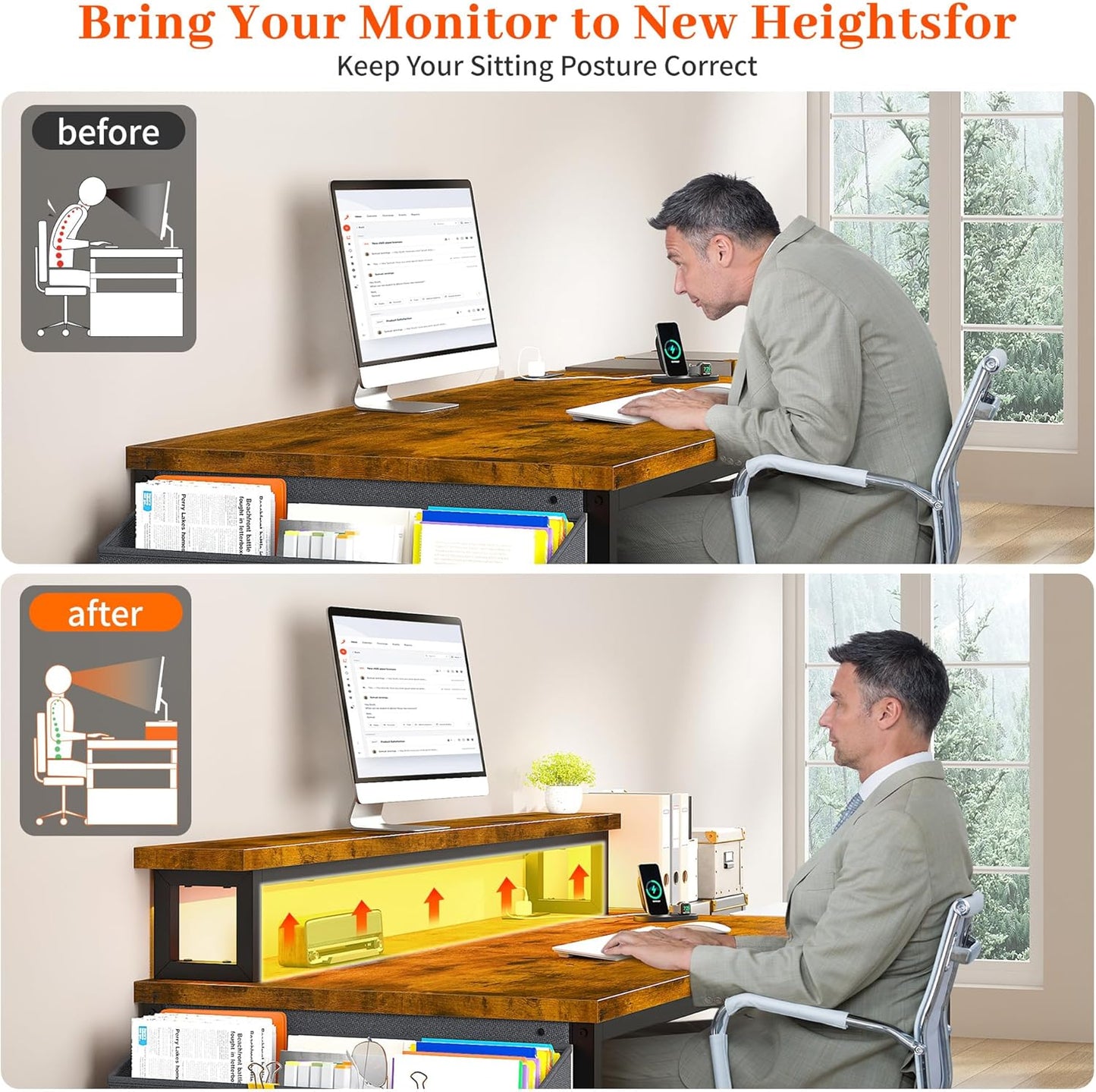 EnHomee 57" Office Desk with Drawers and Printer Space,Computer Desk with Power Outlets,Home Office Desks with File Drawers Cabinet,Study and Gaming Desk with Shelves Monitor Stand,Rustic Brown